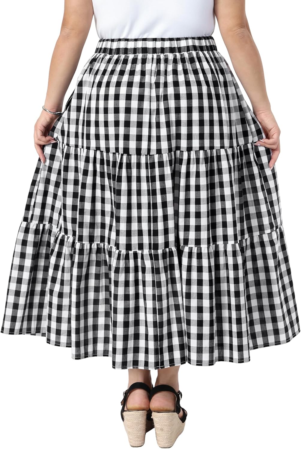 Agnes Orinda Plus Size Gingham Skirts Tiered Layer A Line with Pockets Flowy 1950s Vintage Plaid Maxi Long Skirts - Image 4