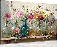 Havplemoy Framed Retro Farmhouse Floral Canvas Wall Art - Colorful Wildflowers in Mason Jars, 12x16in Ready-to-Hang Decor