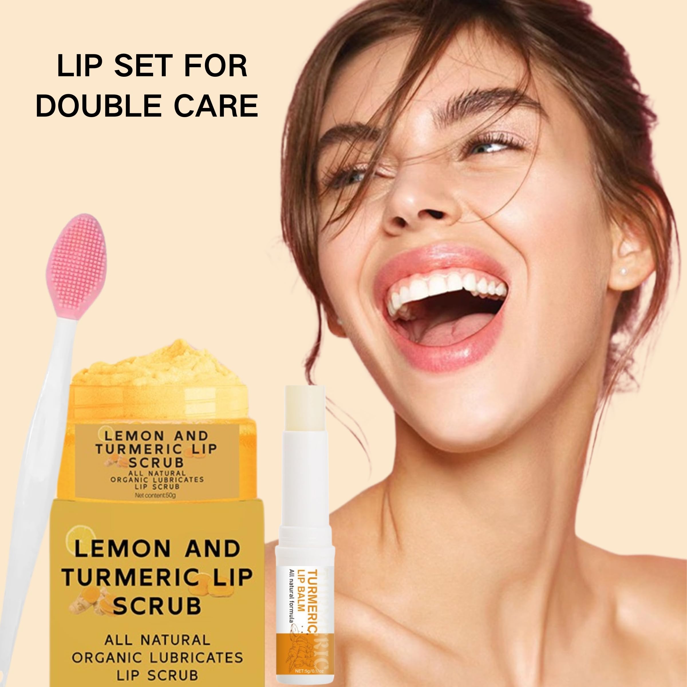 Exfoliante labial de cúrcuma y limón y bálsamo labial de cúrcuma con juego de pinceles, elimina las líneas finas de los labios, exfoliante de labios, exfoliante labial natural para labios secos 2