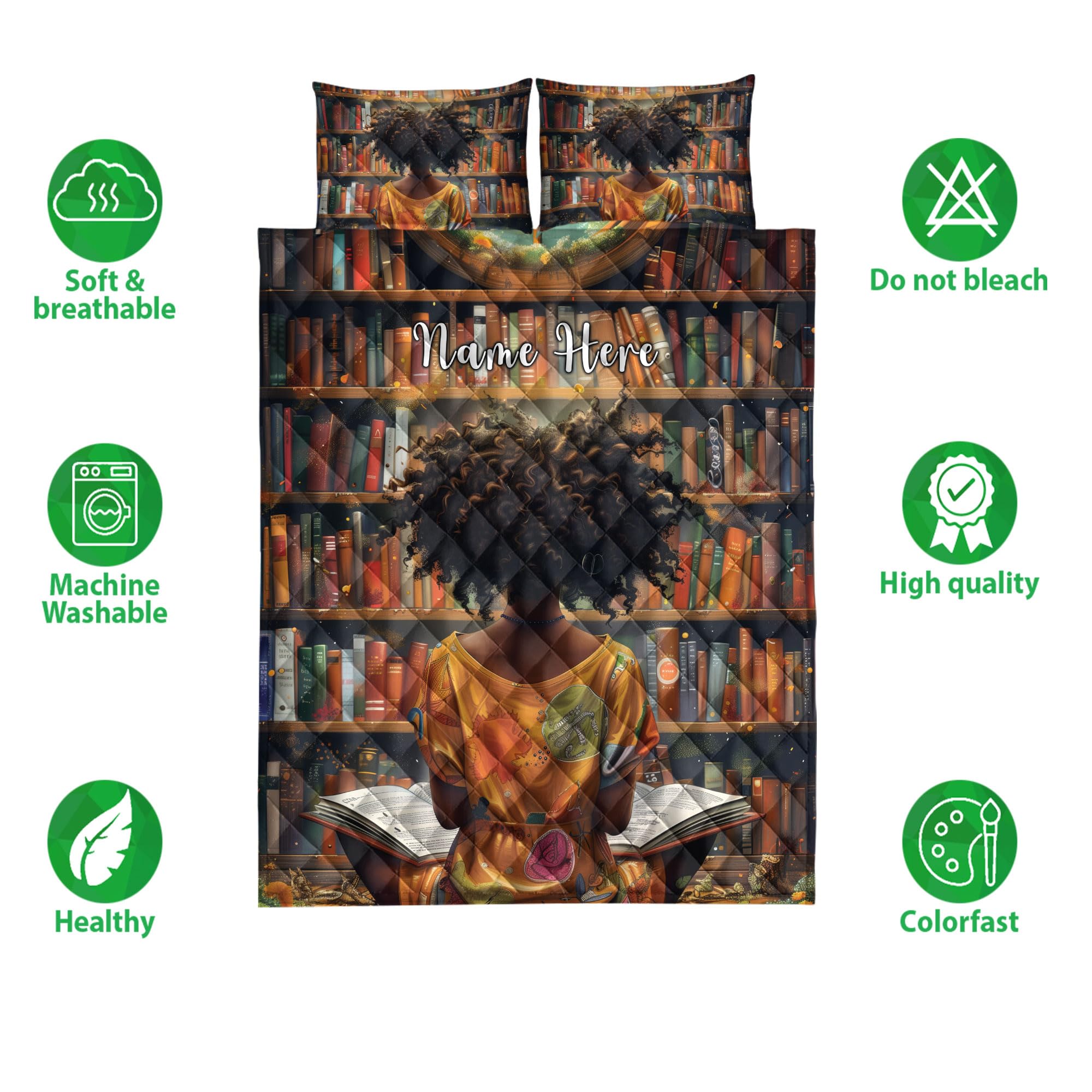 OhaPrints Personalized Black Teen Girl Quilt Bed Set, African American Reading Book Melanin Quilt Blanket & Pillowcases, King Queen Double Twin Throw Bedspread Bedding Pillow Cover Gift Afro Daughter