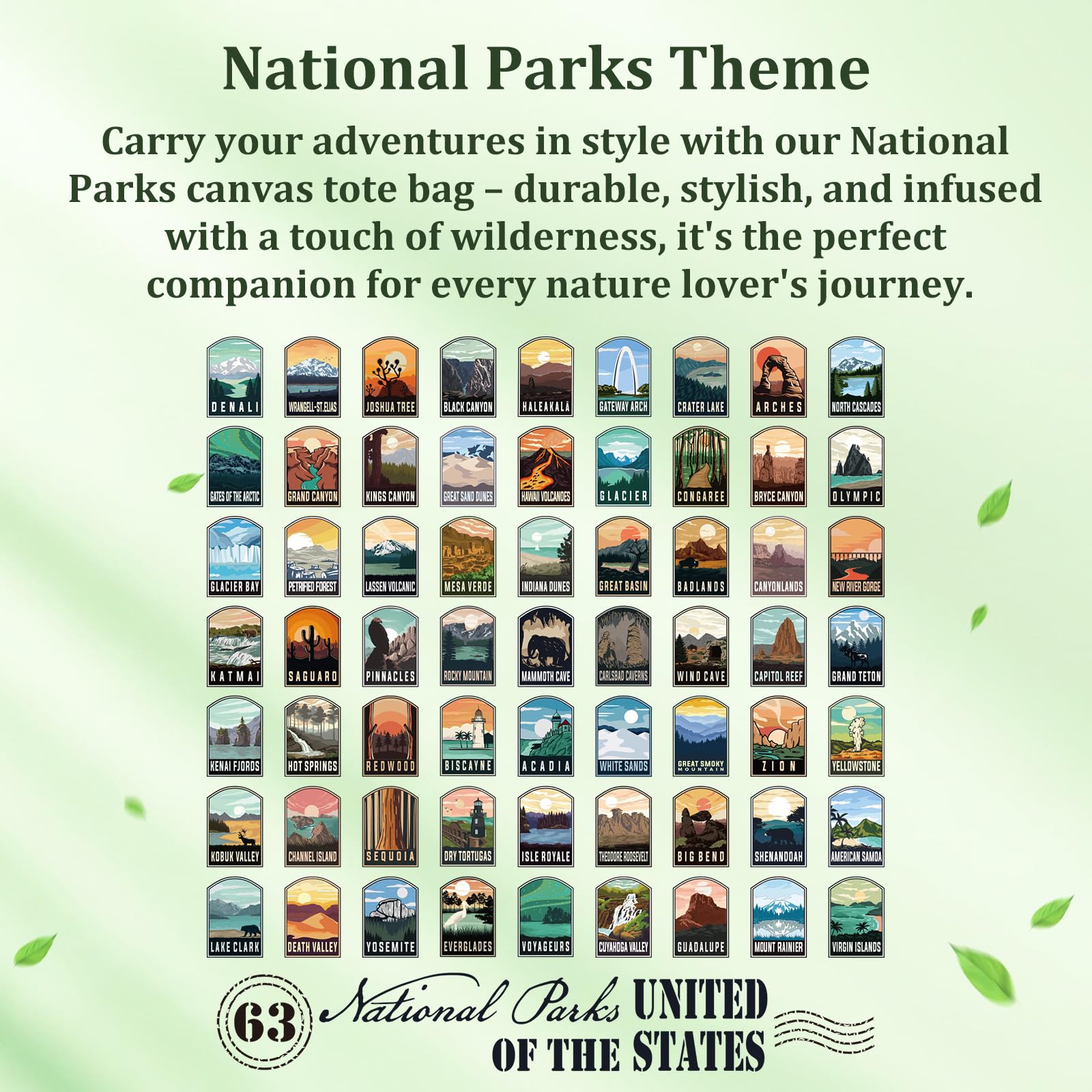 Familavida 63 National Parks Illustrated Tote Bag 100% Cotton Natural Canvas Bag Ideal Gifts for National Park Lovers Outdoor Adventures and Everyday Use - Image 2