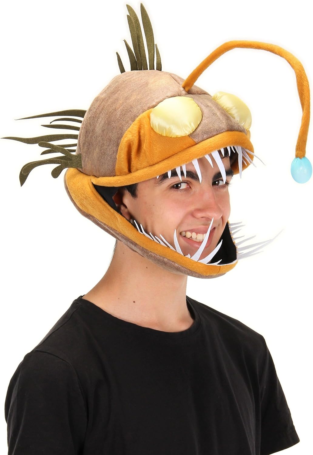 Light-Up Angler Fish Jawesome Costume Hat for Adults - Faux Suede Hat with Fins and Teeth, Adjustable Fit