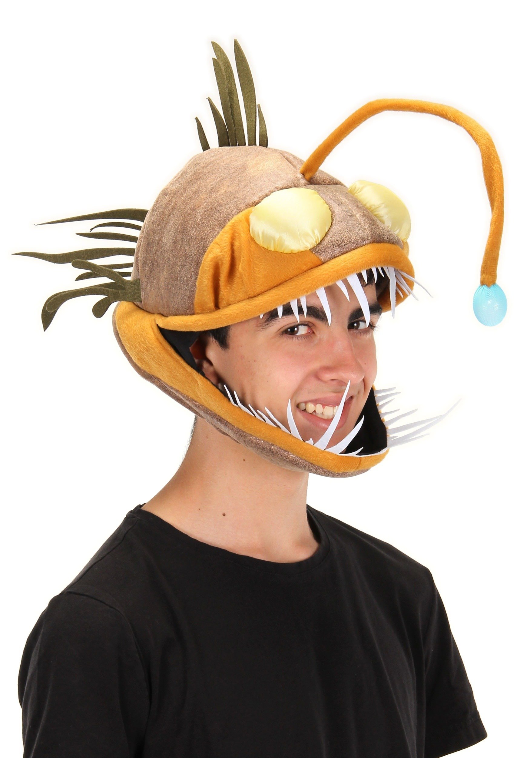 Light-Up Angler Fish Jawesome Costume Hat for Adults - Faux Suede Hat with Fins and Teeth, Adjustable Fit