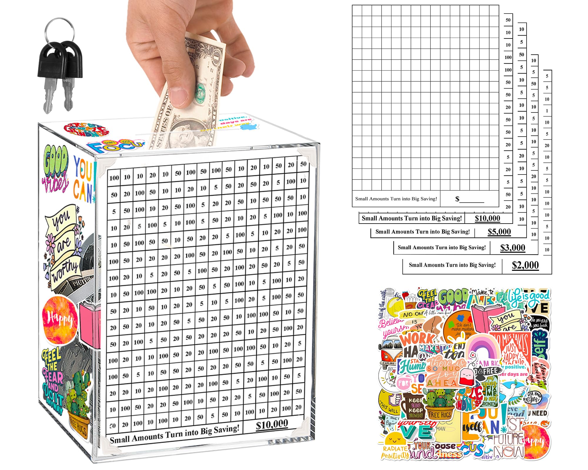 Acrylic Clear Piggy Bank with Lock for Adults Kids, Big Money Bank Cash Vault Openable, Coin Bank, DIY Money Saving Box Reusable with 10k, 5k, 3k, 2k, 1k Money Targets, Change Jar for Birthday