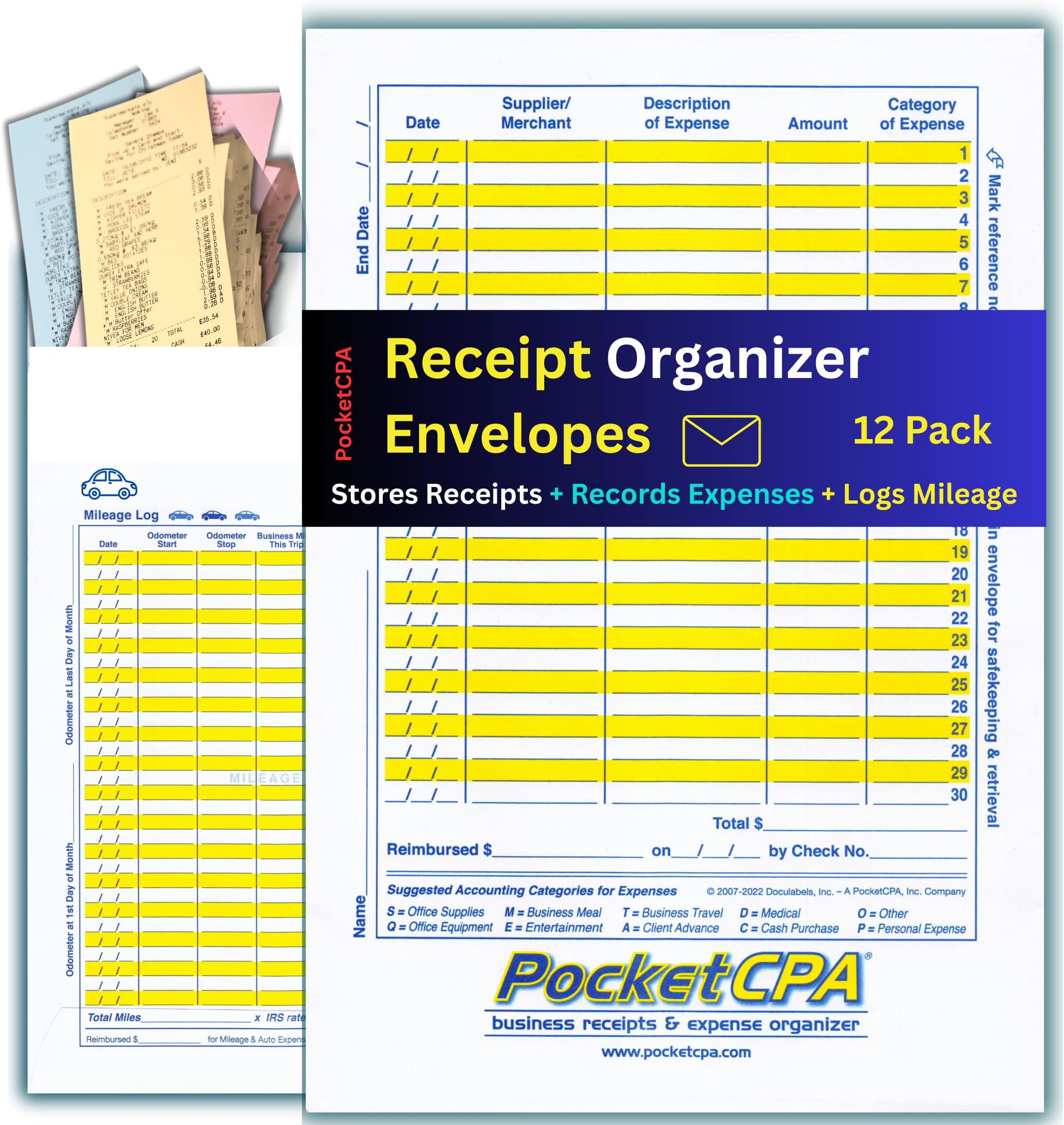 3-in-1 Receipt Organizer Envelopes with Expense & Mileage Logs | 12-Pack | Organize Receipts, Track Business Expenses & Record Auto Mileage | 9.5" x 6.5" | Made in USA.