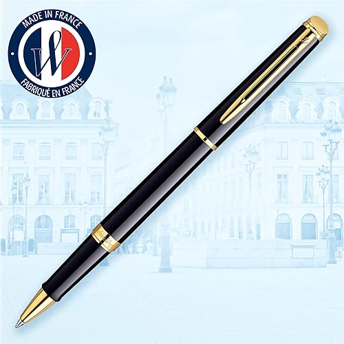 Vista 2 de Waterman Hémisphère Bolígrafo de Rodillo Negro Brillante con Ribete de Oro de 23k Punta Fina Tinta Negra Caja de Regalo