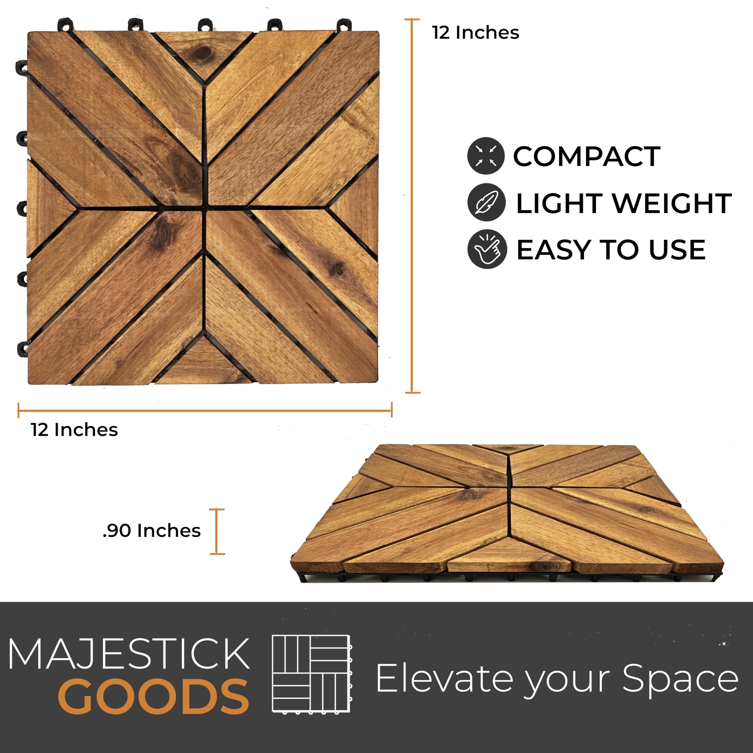 Paquete de 8 azulejos entrelazados de listones X – Suelo de madera de acacia de 12 x 12 pulgadas para exteriores para patio | Azulejo de cubierta de piso de clic
