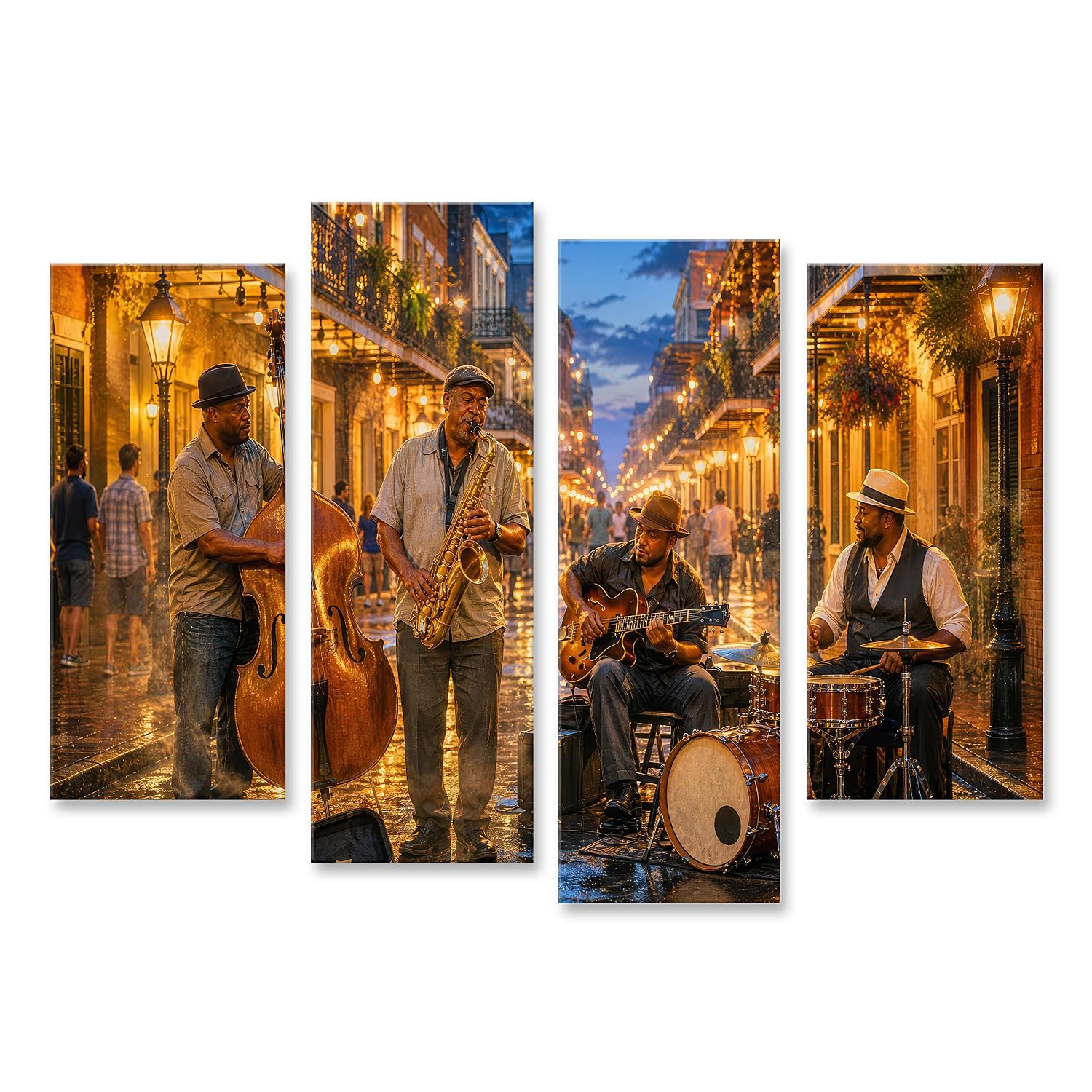 islandburner Quadro su tela con vivace serata jazz, per soggiorno, perfetto per gli amanti della musica, 4 pezzi