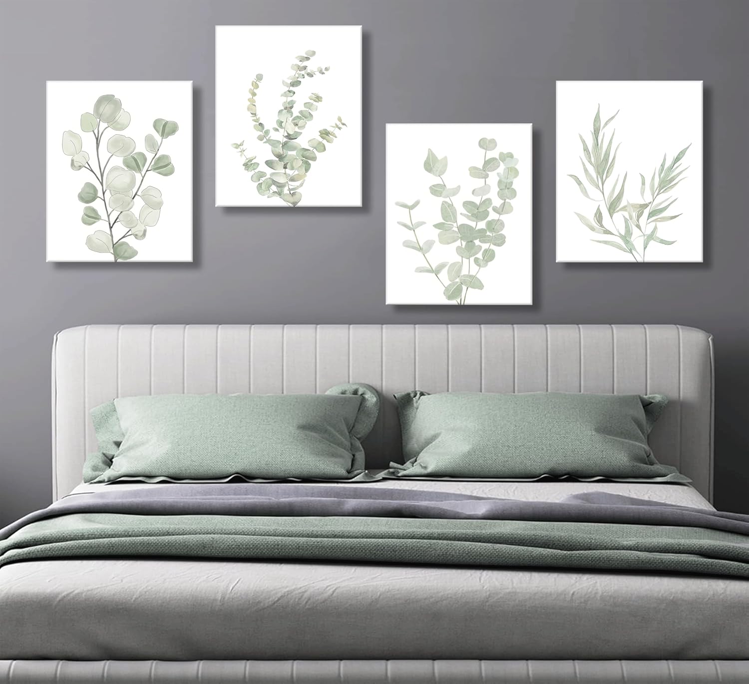 4pcs Sage Green Boho Wall Art Eucalyptus Posters Green plants Canvas Minimalist Plant Painting Modern Farmhouse prints Flower Leaves Prints Wall Decor framed