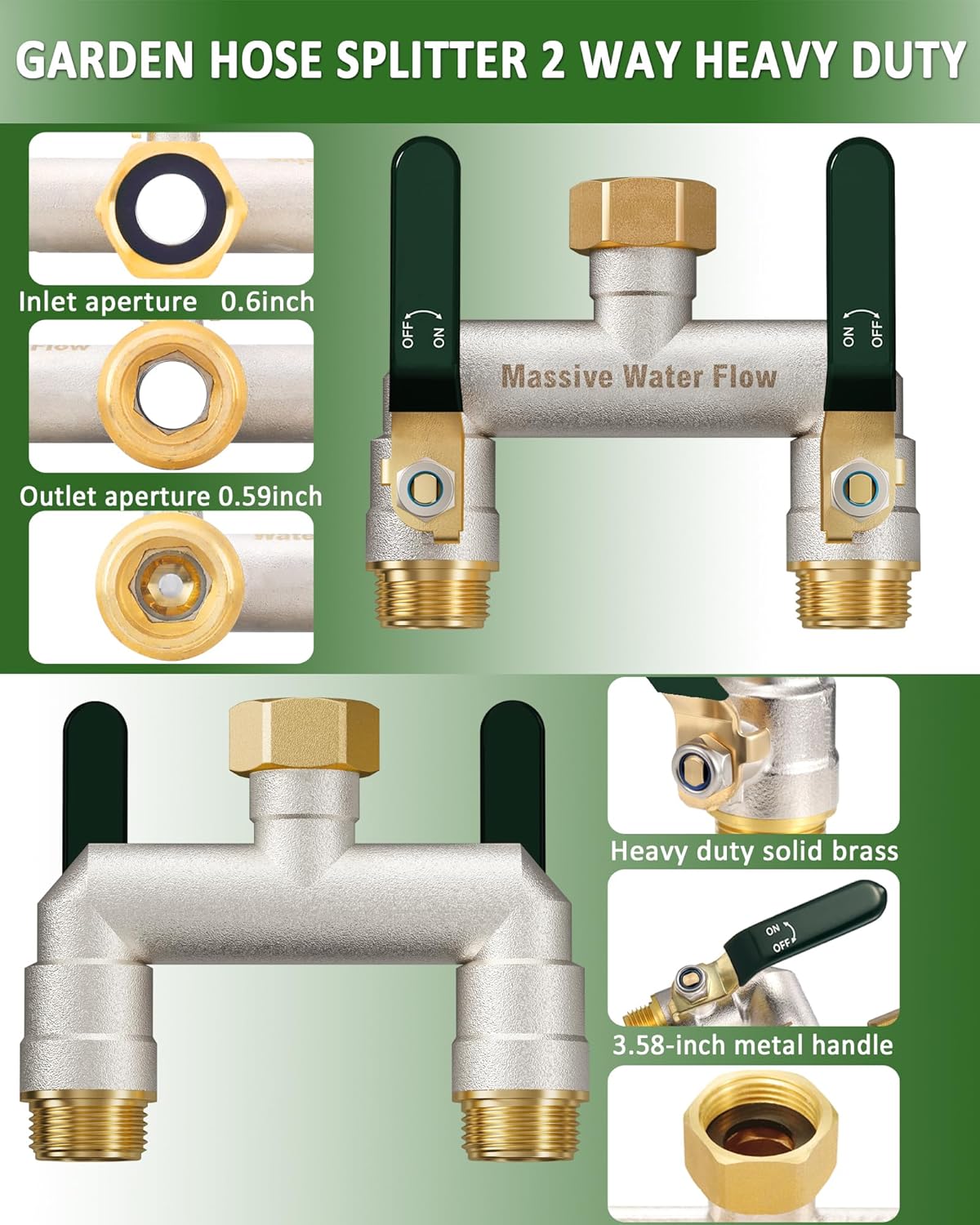 Hose Splitter 2 Way Heavy Duty, Garden Hose Splitter with 304 Stainless Steel Long Handle, Full Flow Brass Nickel Plated Water Hose T Spigot Splitter Adapter Connector, 3/4 - Inch GHT Thread (Green)