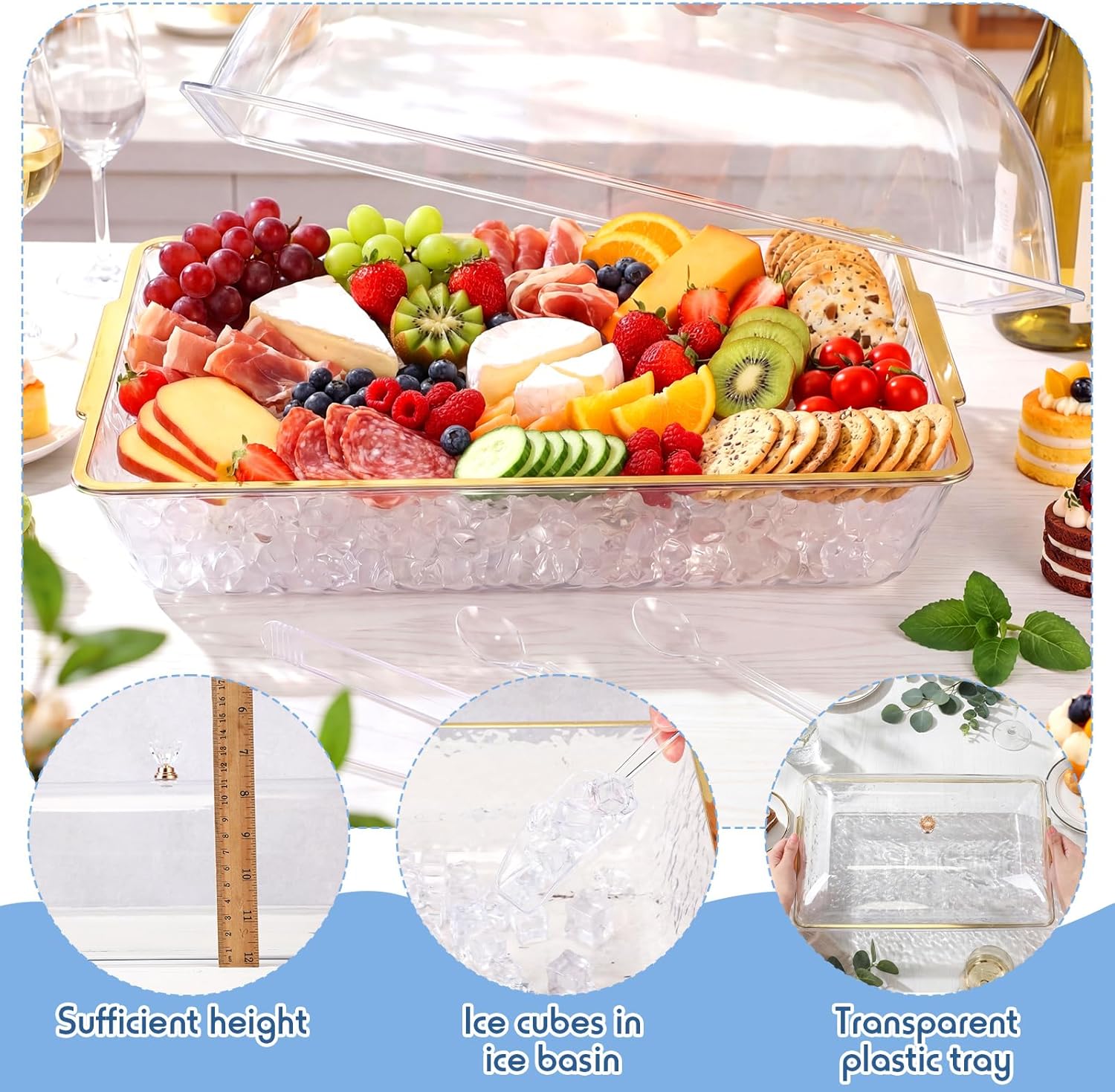 Baderke 16" x 9" Chilled Serving Tray for Parties with lids Compartments Ice Chilled Party Platter Charcuterie Serving Board Cold Dish Dip with Tongs for Fruit Seafood Vegetable(Gold Rim)