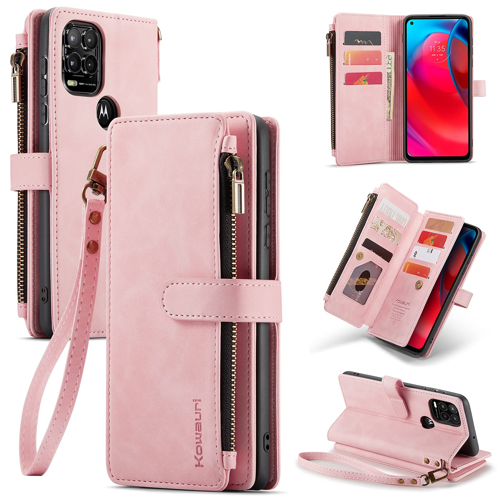 Kowauri Case for Moto G Stylus 5G 2021,PU Leather Wallet Folio Flip Case Zipper Pocket Card Holder Slots Shockproof Protective Phone Case with Wrist Strap for Motorola Moto G Stylus 5G 2021 (Pink)
