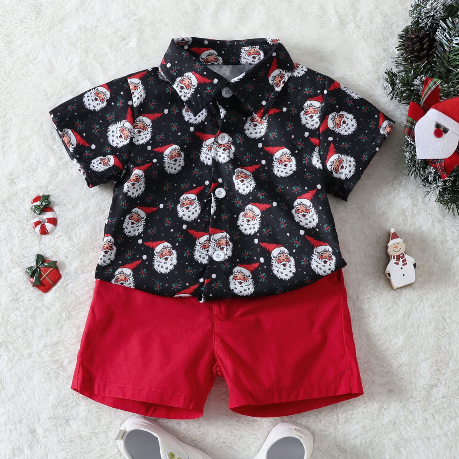 RNTOP Kids Toddler Boy Christmas Outfits Baby Gentlemen Suit Santa Short Sleeve Button Down Shirt Tops (Red, 2-3 Years)