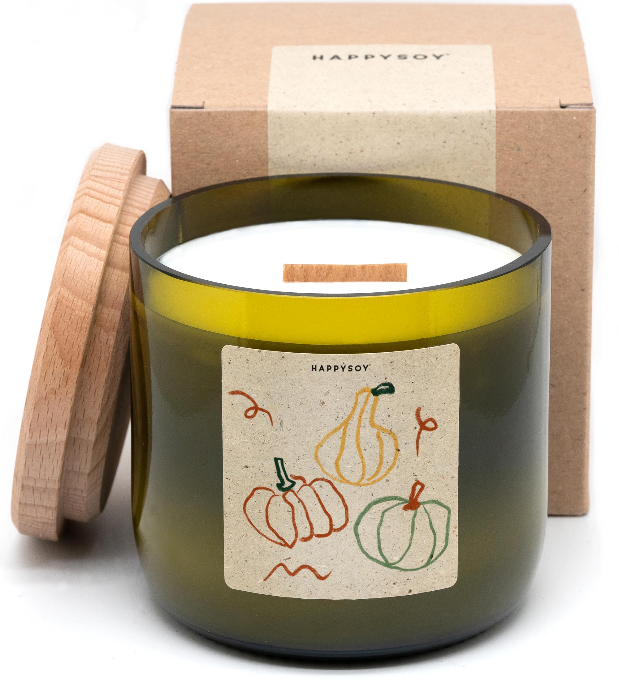 HAPPYSOY Kürbisse, Sojawachs-Duftkerze, grünes Glas aus Weinflasche, Holzdocht, gentechnikfrei, wundervoller Duft, über 100 h Brenndauer, Geschenkidee für Herbst, für Freundin
