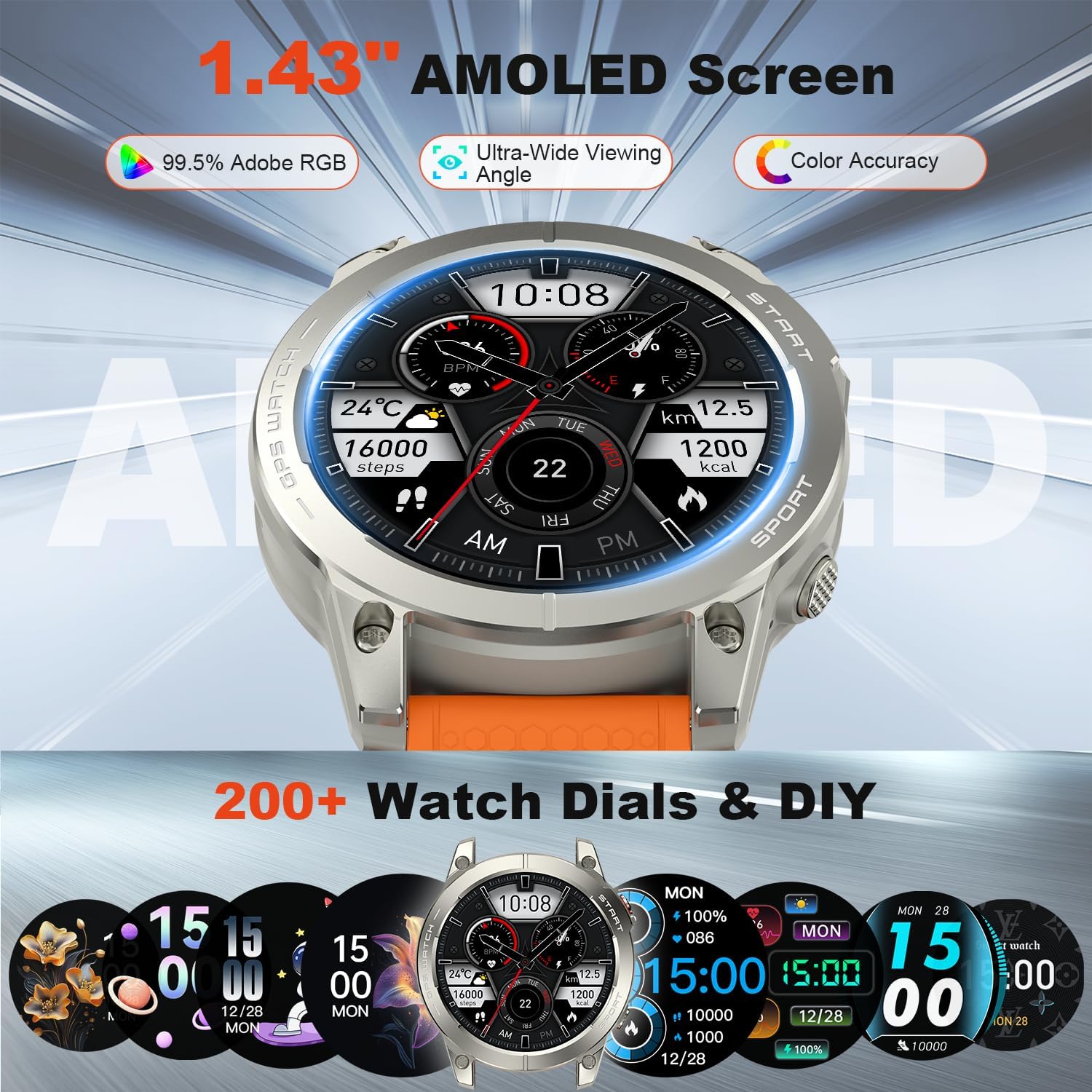 Smart Watch for Men Fitness Tracker GPS: Military Smart Watches for Android/iPhone Gps Watch 1.43" AMOLED Make Answer Call Running Digital Mens Watches Samsung Compatible Step Tracker Heart Monitor