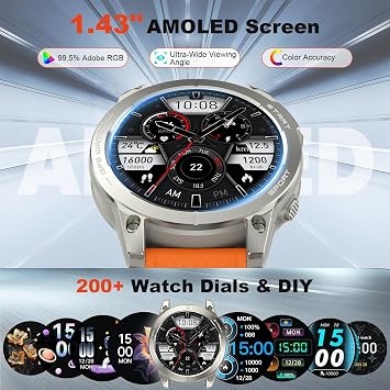 Smart Watch for Men Fitness Tracker GPS: Military Smart Watches for Android/iPhone Gps Watch 1.43 AMOLED Make Answer Call Running Digital Mens Watches Samsung Compatible Step Tracker Heart Monitor