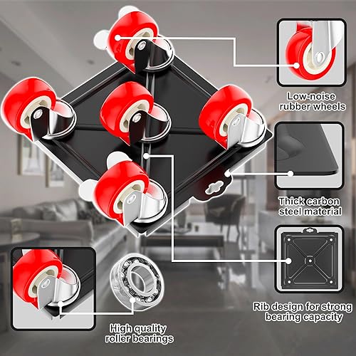 Miniatura 9 de Juego de 5 ruedas resistentes para muebles con ruedas de goma silenciosas, rotación de 360° con freno, capacidad de carga de 1000 libras, elevador