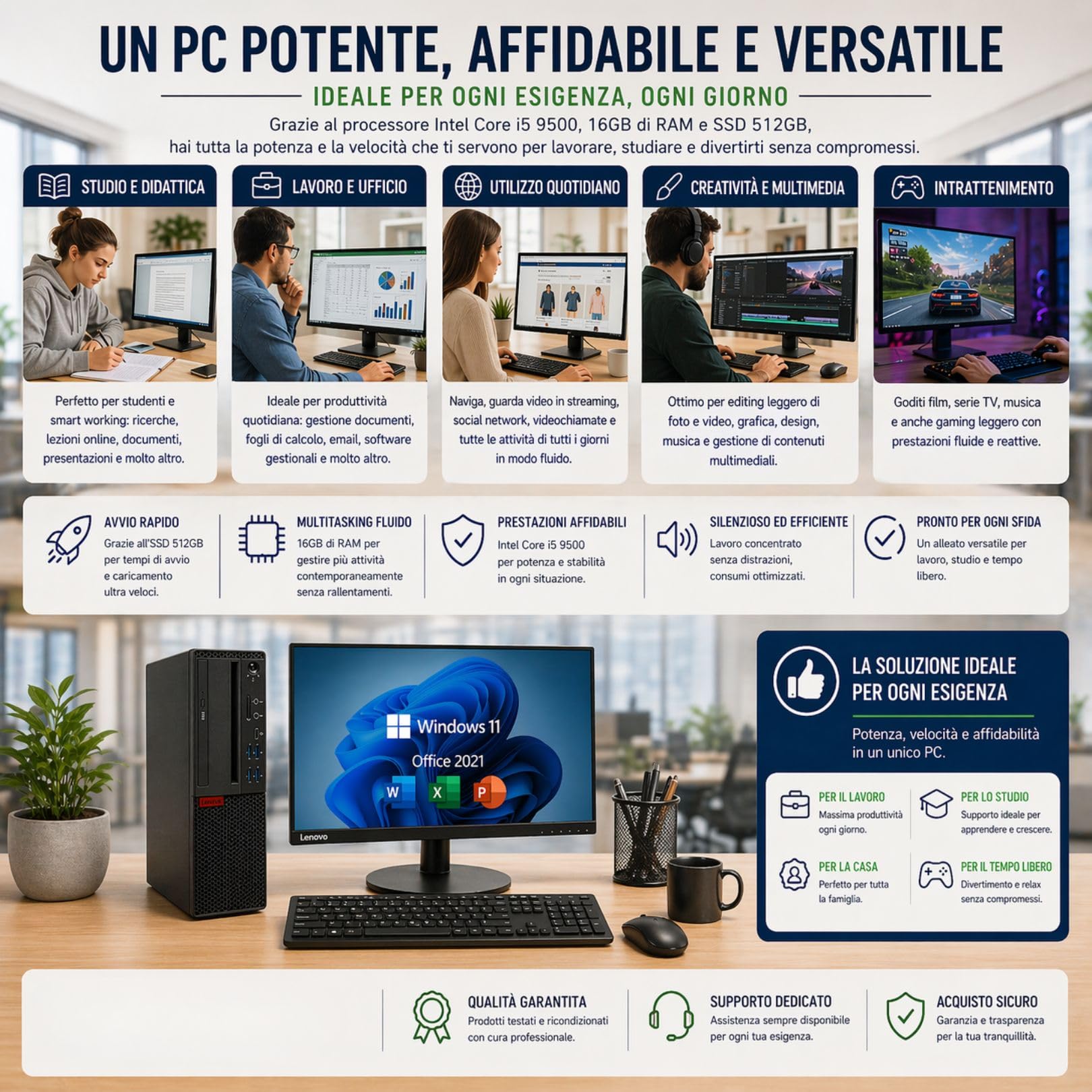Lenovo PC Fisso Completo SFF i5-9500 16GB RAM 512GB SSD + Monitor 27" Full HD NUOVO | Windows 11 Pro + Office 2021 | WiFi | Desktop Ufficio Casa Pronto all’Uso (Ricondizionato + Nuovo) (PC+Minitor)