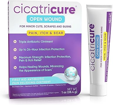 Cicatricure Triple Antibiotic Ointment with Pain Relief, Bacitracin Antibiotic Ointment & Cream for Wound Care, Healing Ointment for Cuts, Burns, Insect Bites, First Aid Supplies Essential, 1 oz