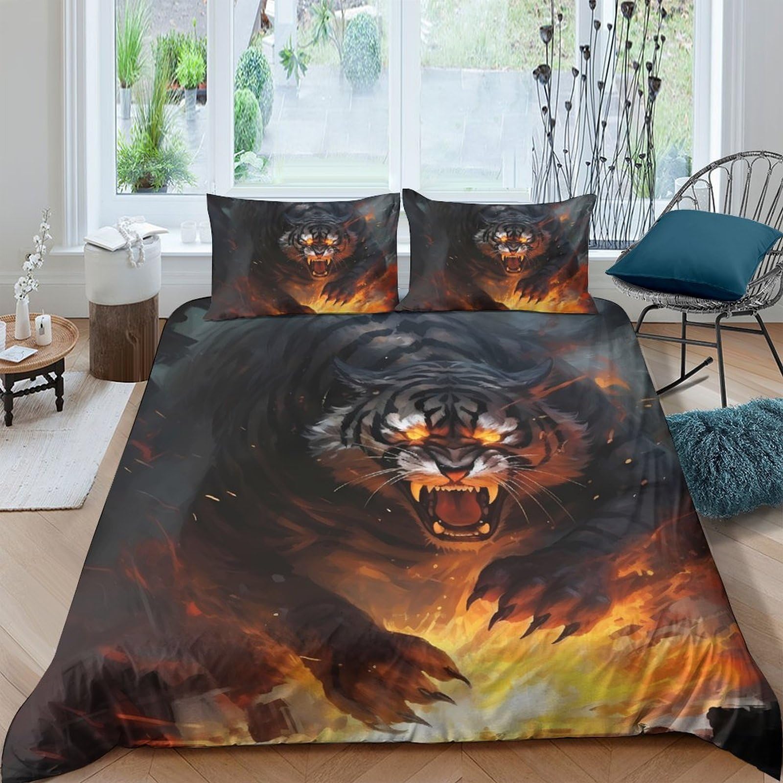 Ctjqhvkz Style-3 3D Printed Fierce Black Panther Fitted Sheet Microfiber Soft Fire Tiger Bed Sheet For Bedroom Dorm Mattress Cover Single（135X200cm）
