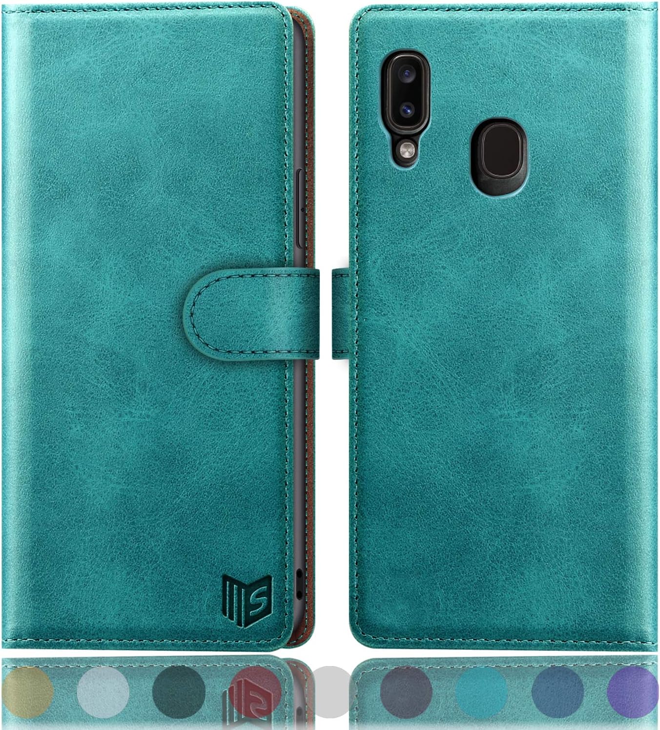 SUANPOT for Samsung Galaxy A20/A30 Leather Wallet case with RFID Credit Card Holder Flip Folio Book Magnetic PU Phone case Cover for Man Women for Samsung A20 A30 case Wallet Shockproof Blue Green