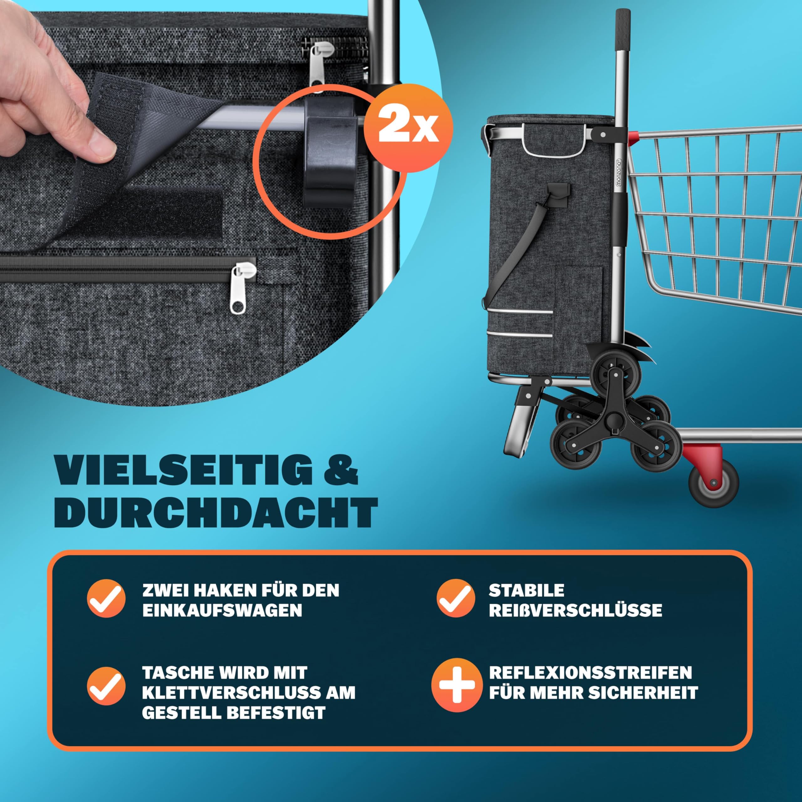 MONZANA® 3in1 Einkaufstrolley 56L bis 50 kg klappbar abnehmbare Tasche 6 Rollen Tragegurt Treppensteiger Einkaufswagen Einkaufshilfe Trolley Schwarz Meliert