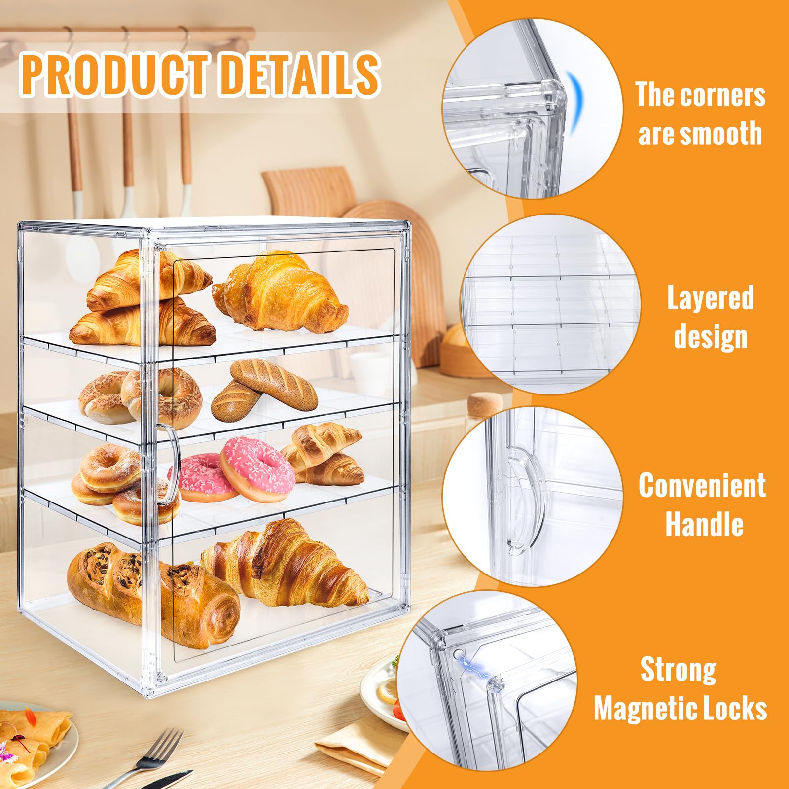 Gebäckvitrine, Brotbox für Küche, Arbeitsplatte, Gebäckvitrine, 4 Schichten, verstellbar, transparent, Brotaufbewahrung mit magnetischer Tür, Bäckereien, Gebäckdisplay für Küchentheke, Brothalter