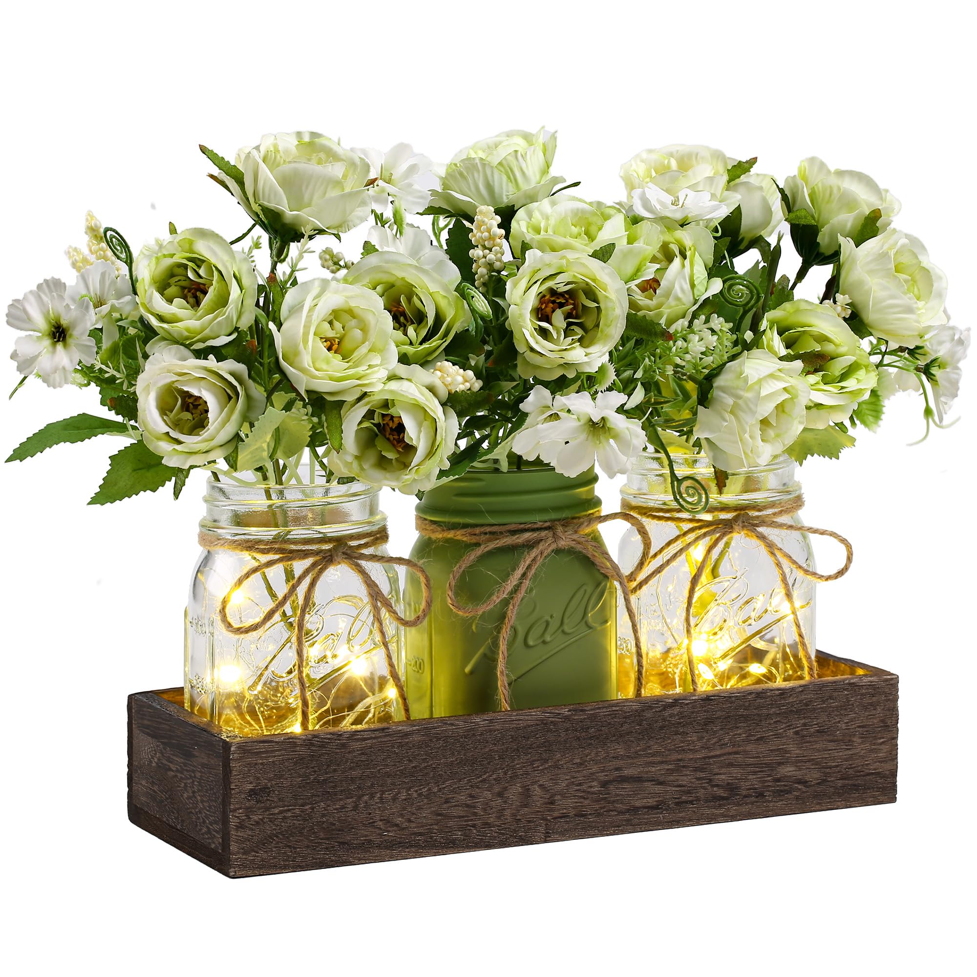 3 Pcs Mason Jar Centerpiece Table Decorations for Dining Farmhouse Coffee Table Decor with Wood Tray and Led Light Table Centerpieces for Dining room Kitchen Living Bathroom,Green