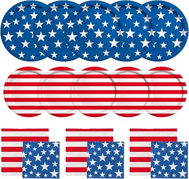 American Flag Patriotic Party Supplies Disposable dinner paper plates dessert paper plates Napkins and Cocktail napkins for Veterans Day Election Day 4th of July Independence Day Decorations, Serve 50