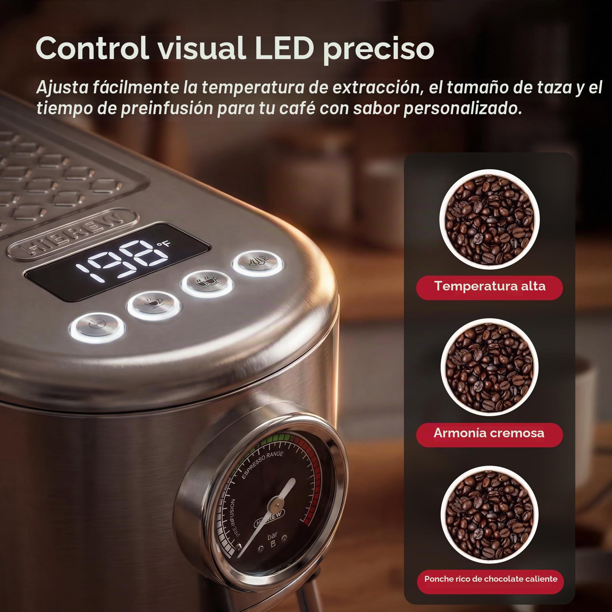 HIBREW H10B Máquina de Espresso Programable con Pantalla LED y Manómetro | Cafetera Compacta de Acero Inoxidable 20 Bar con Espumador de Leche, Portafiltro 51mm para Capuchino y Latte