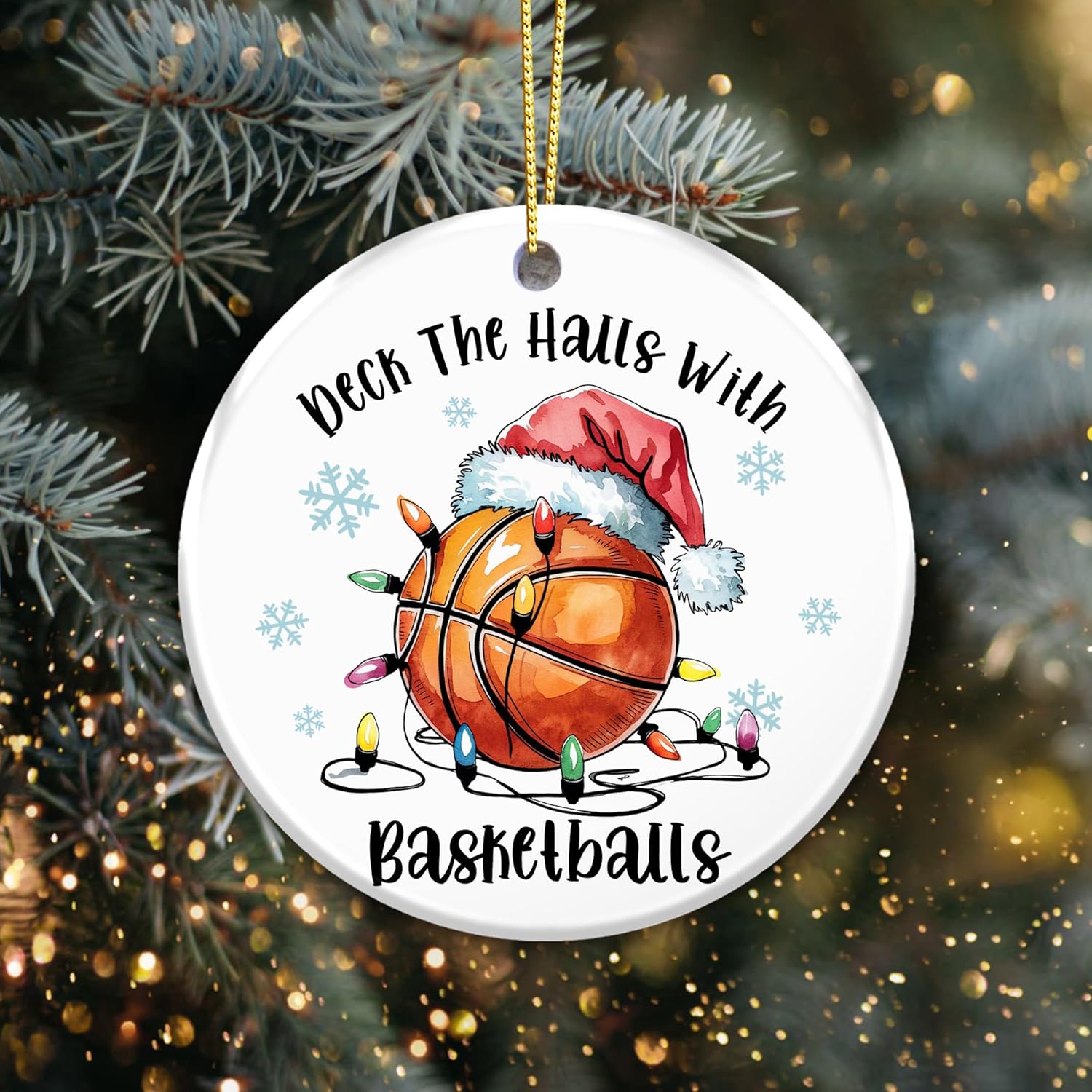 Basketball Ornament 2025, Deck The Halls with Basketballs Ornament – Santa Hat and Lights, White Elephant Gift for Players, Coaches, and Fans, Ceramic Holiday Tree Keepsake - Image 2