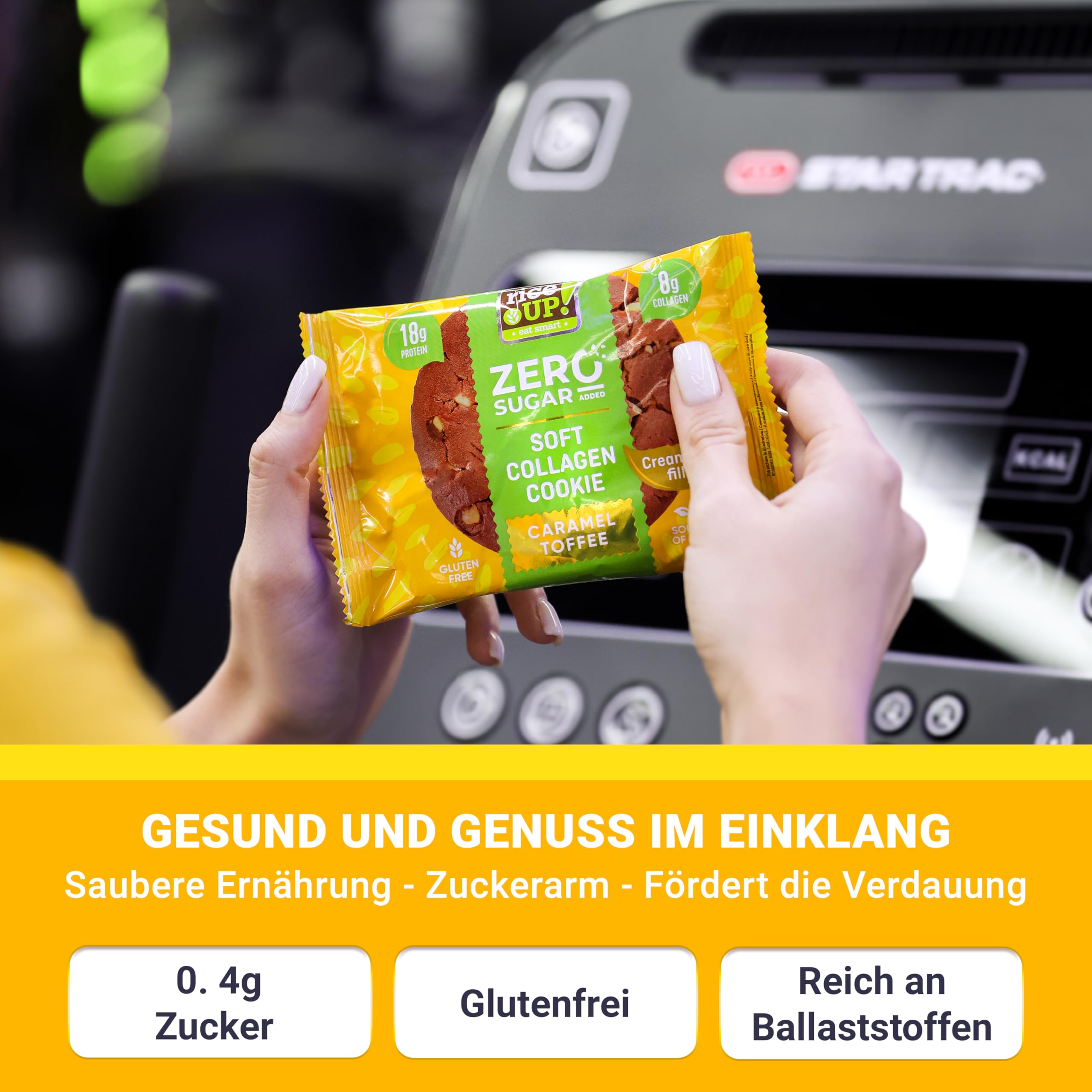 RiceUP! Eat Smart Weicher Protein Keks mit Kollagen – Toffee-Caramel-Geschmack, 10 x 60g | 8g Kollagen-Peptide (Typ I+III), 18g Protein, ohne Zuckerzusatz | GLUTENFREI (10 x 60g, Toffee)