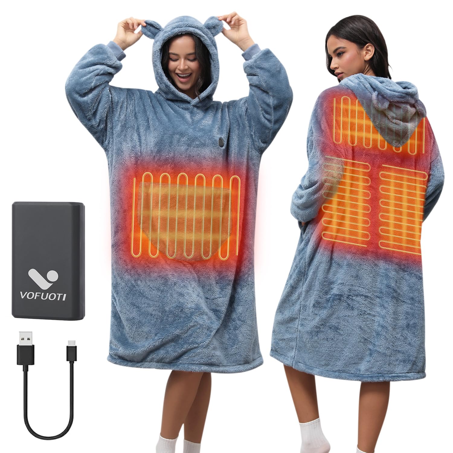 Couverture à capuche chauffante avec manches,avec batterie,10000 mAh,cadeau pour femme,couverture portable à enfiler sans fil flanelle,Sweat à Capuche Couverture,Cadeau de Noël pour petite amie 75x110