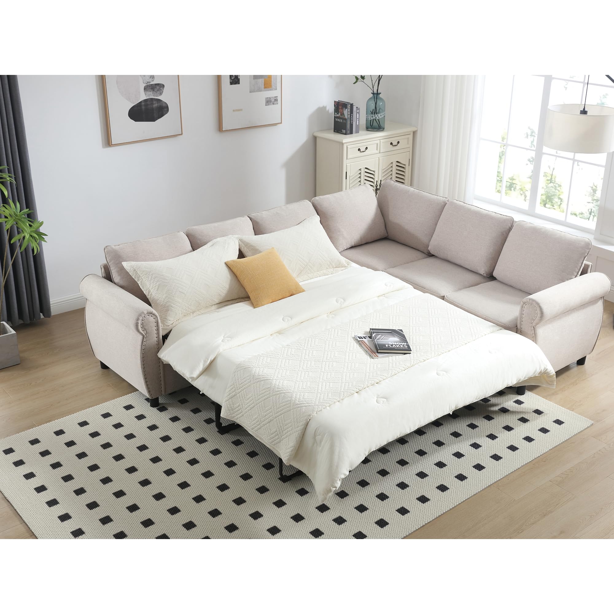 KEIKI 104" L-Shaped Oversized Convertible Sectional Sleeper Sofa Bed with Pull Out Queen Size Daybed, Memory Foam Mattress, Modern 6-Seater 2 in 1