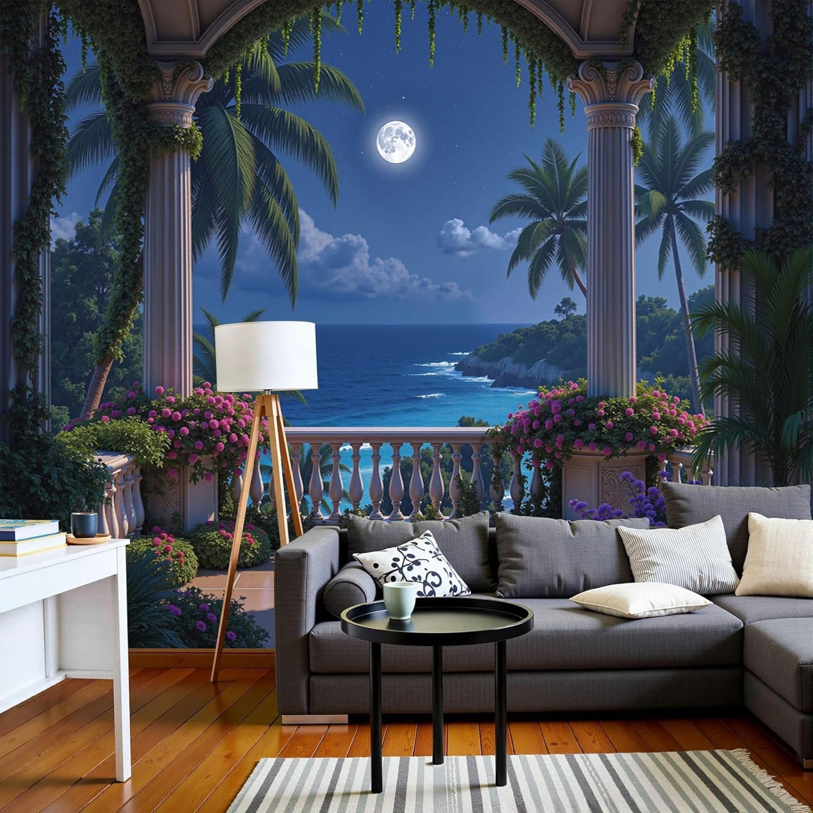 3D Effect Photo Wallpaper Architecture European Non-woven Poster Archway Sea View XL Non-woven Blue Living Room Bedroom Picture Wallpaper, 300cm x 210cm Stickers - Frameless Painting - Poster