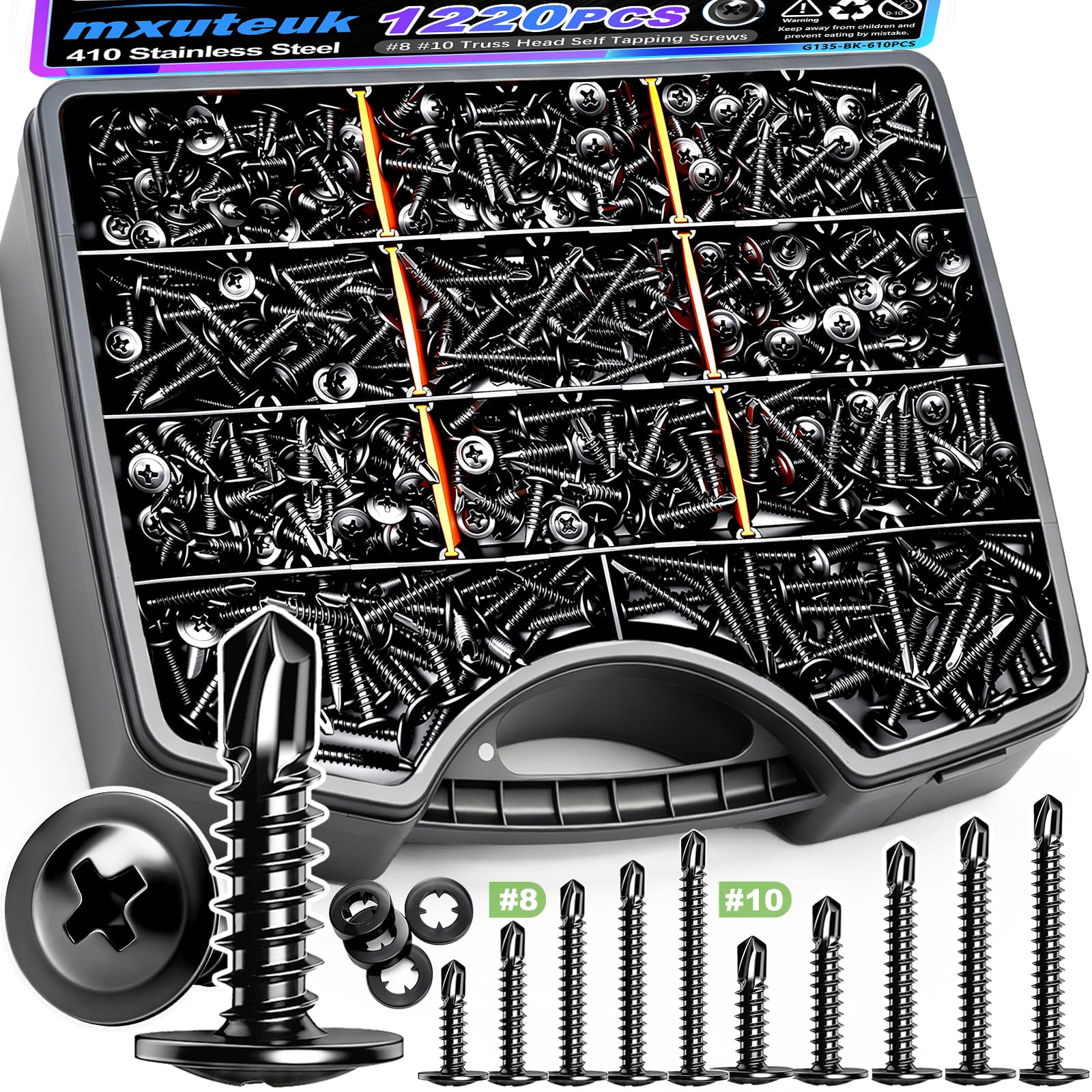 mxuteuk 230PCS #8 Self Tapping Screws for Metal,410 Stainless Steel Self Drilling Screws,1/2",5/8",3/4",1",1-1/4" Truss Head Sheet Metal Screws with Rubber Washers for Metal,Plastic,Wood(115pcs Sets) — Amazon image 31