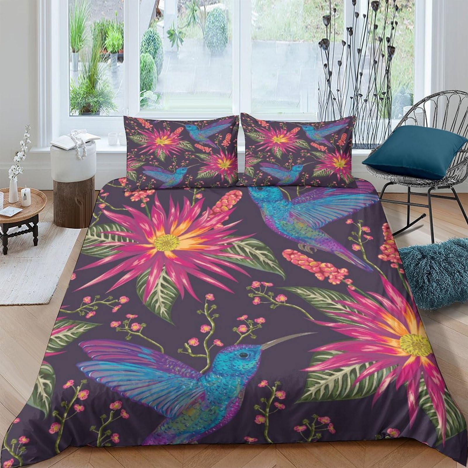 Unrxjzlvm Style-4 Vivid Hummingbird Floral Duvet Set Microfiber Teen Room