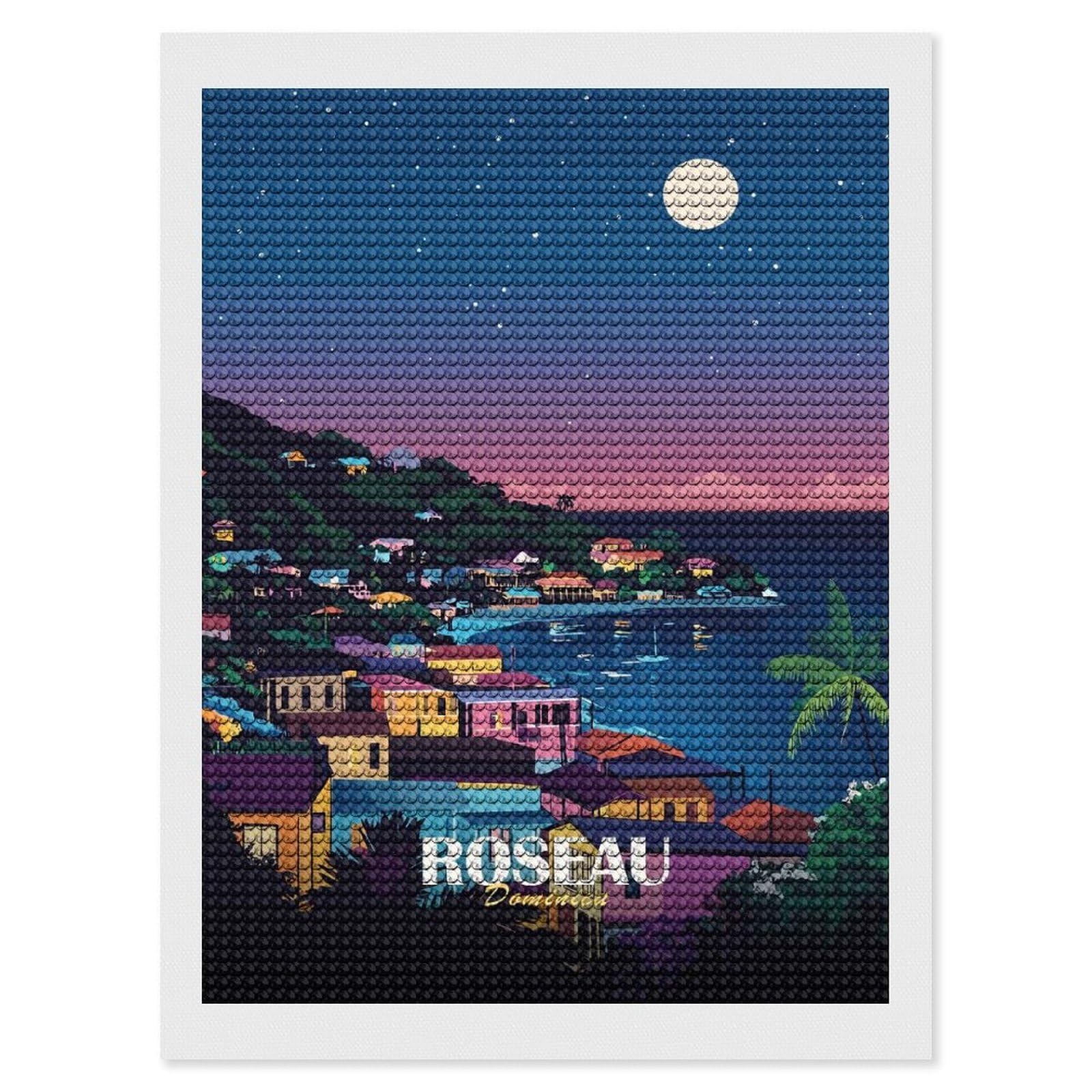 Junmoney Roseau Dominica Nightscape Art Print Crystal Diamond Art Kit 12"x16", Round Gems, Detailed Printed Canvas, Creative Gift Idea, Vintage Style Decor