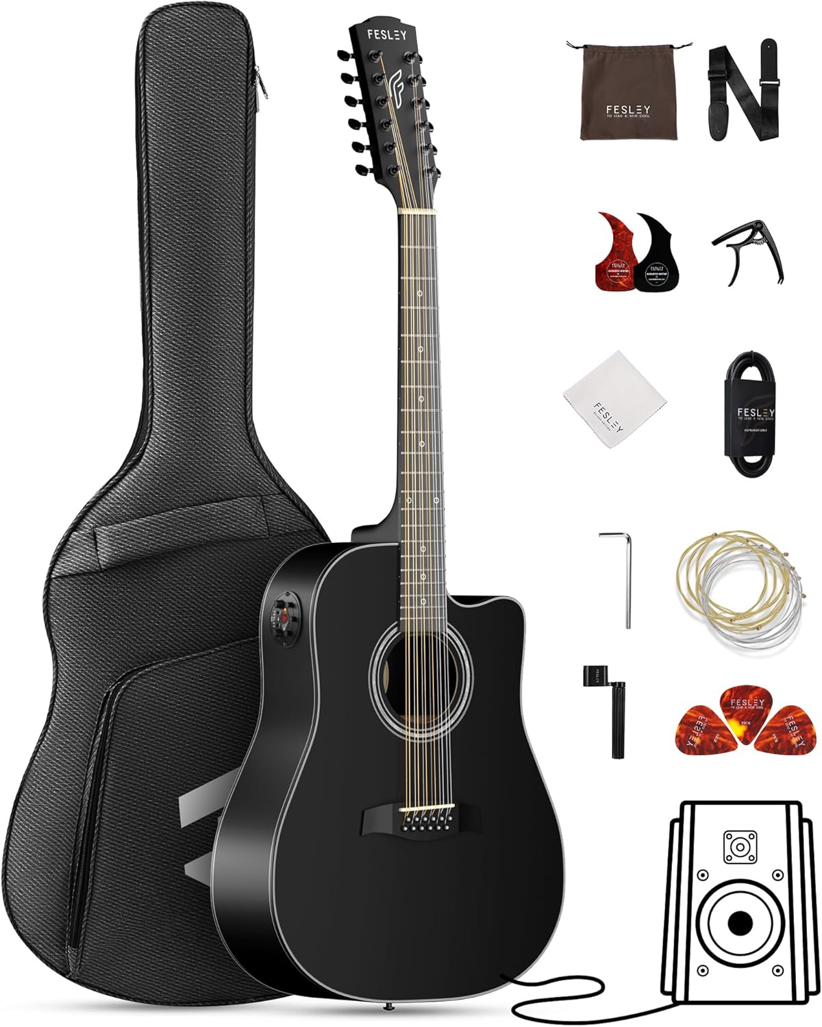 12 String Guitar Acoustic Electric: Guitarra Acústica Built In 4 Band EQ, Spruce Top Mahogany Back and Sides, Complete Beginner Electric Guitar Kit for Adults, Guitarra de 12 Cuerdas, Matte Black