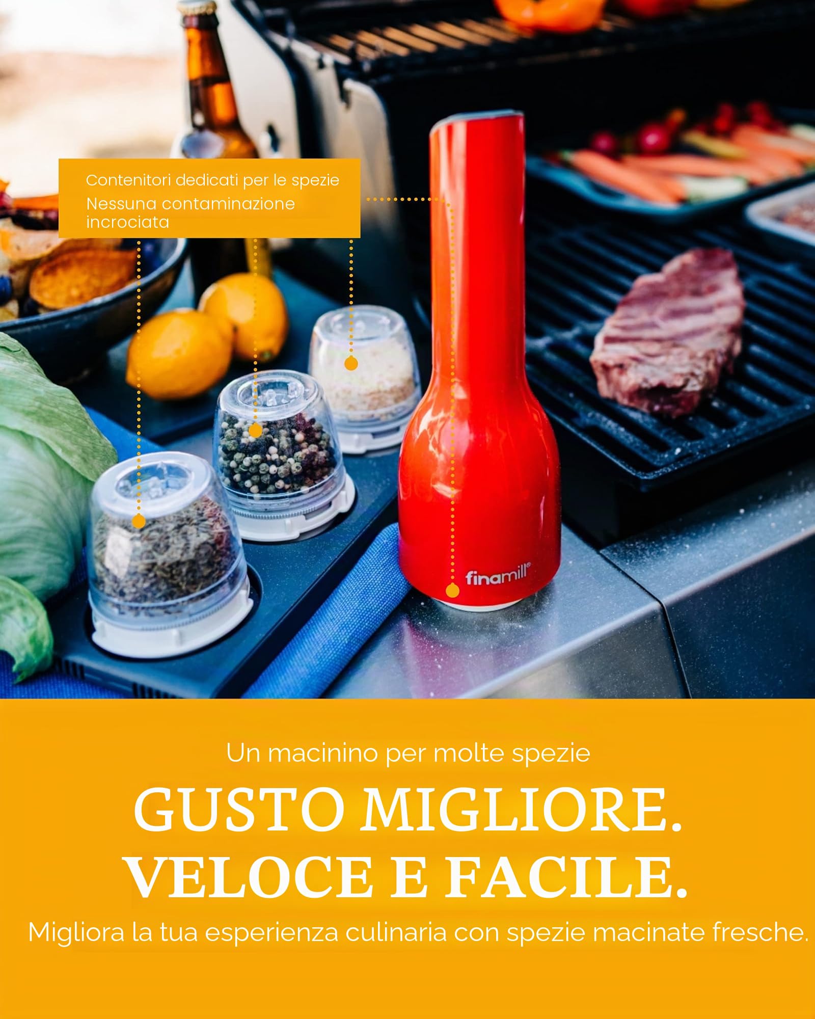 FinaMill Mulino per pepe e spezie pluripremiato a batteria, trituratore e macinazione regolabile in ceramica con One Touch e LED. 2 cialde ProPlus intercambiabili incluse.