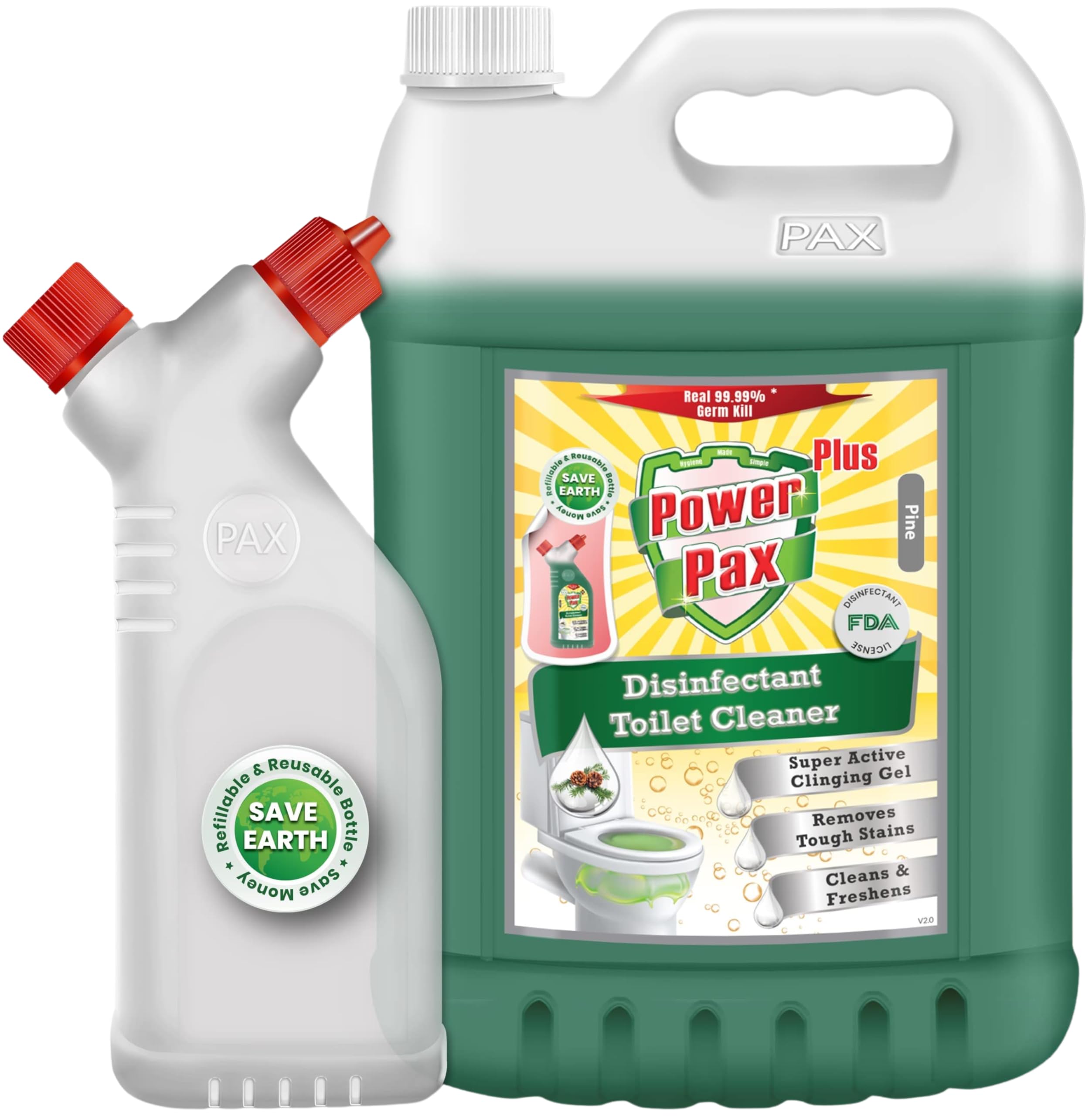 PowerPax Plus Mild & Safe Disinfectant Toilet & Urinal Cleaner (Pine) 5L Combo with Refillable and Reusable Twin Neck Bottle