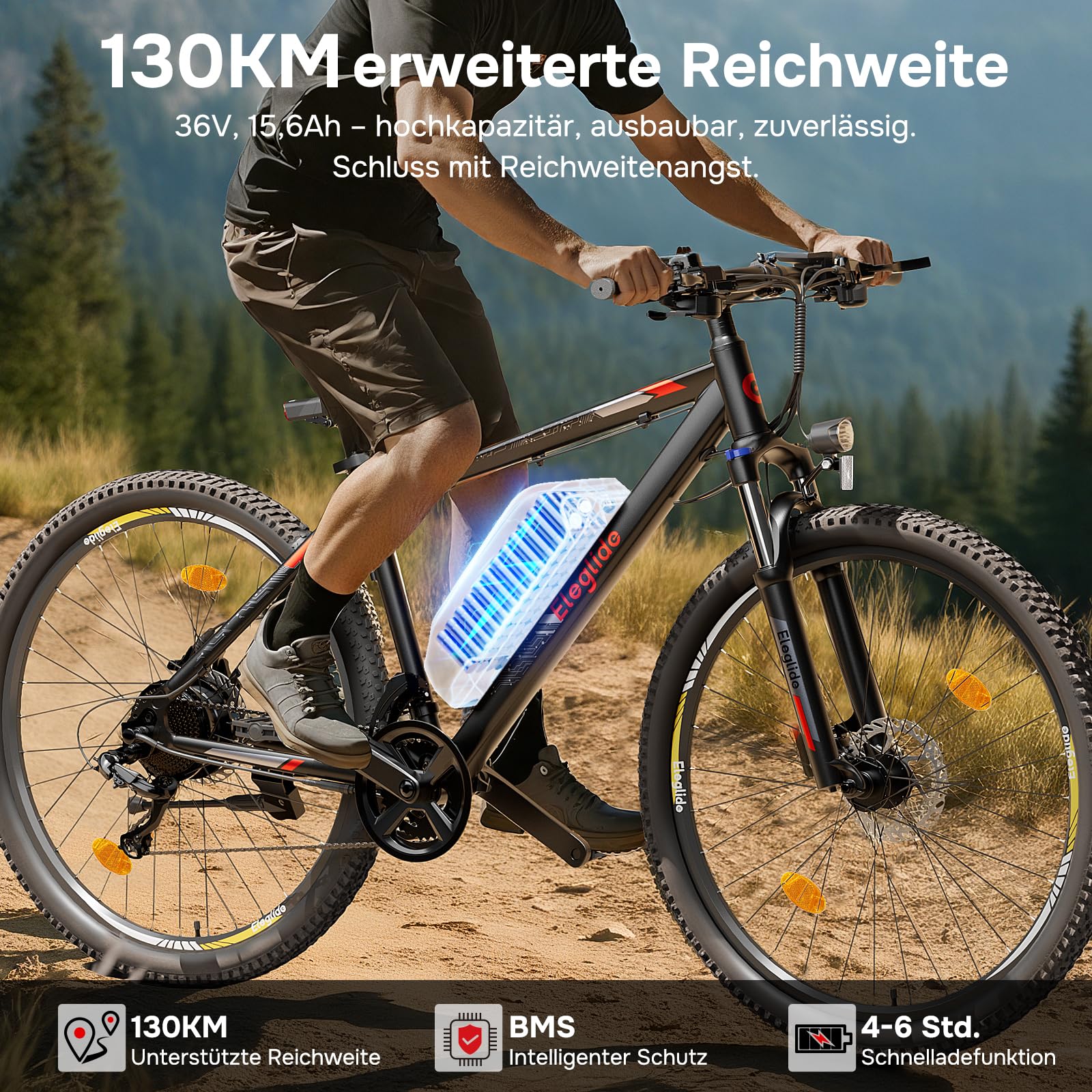 Eleglide E Bike, 27,5/29 Zoll E-Bike Herren Damen mit Hydraulische Scheibenbremse, 36V 18Ah Akku, Reichweite bis zu 150 KM, Offroad E-Mountainbike, 21 Gänge Elektrofahrrad, Mopride 2
