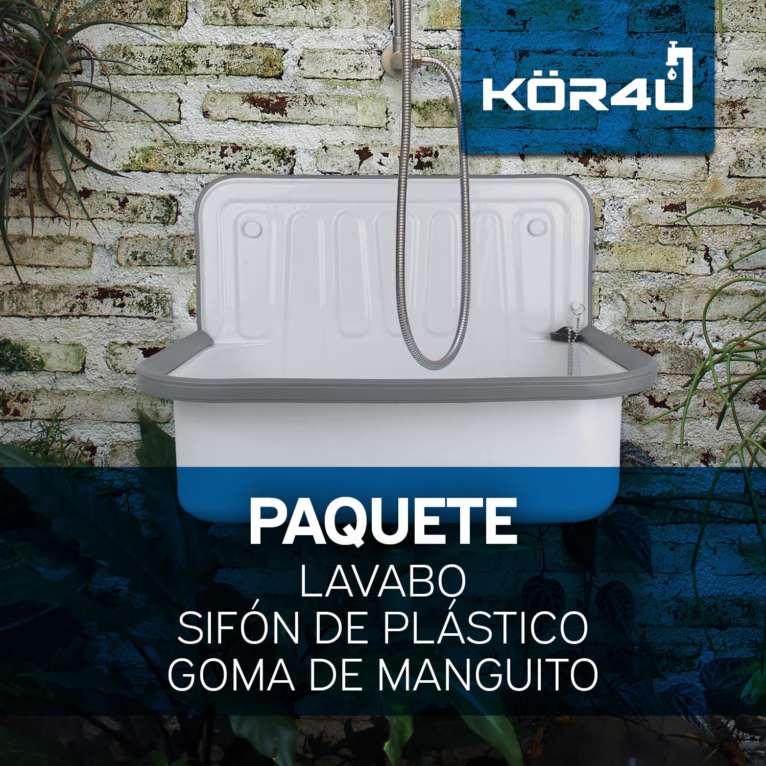 kör4u Juego completo de fregadero blanco de 50 cm, de acero resistente, incl. tapón de desagüe, sifón de plástico blanco de 1 1/2 pulgadas x 40 mm, boquilla de goma DN 40/50