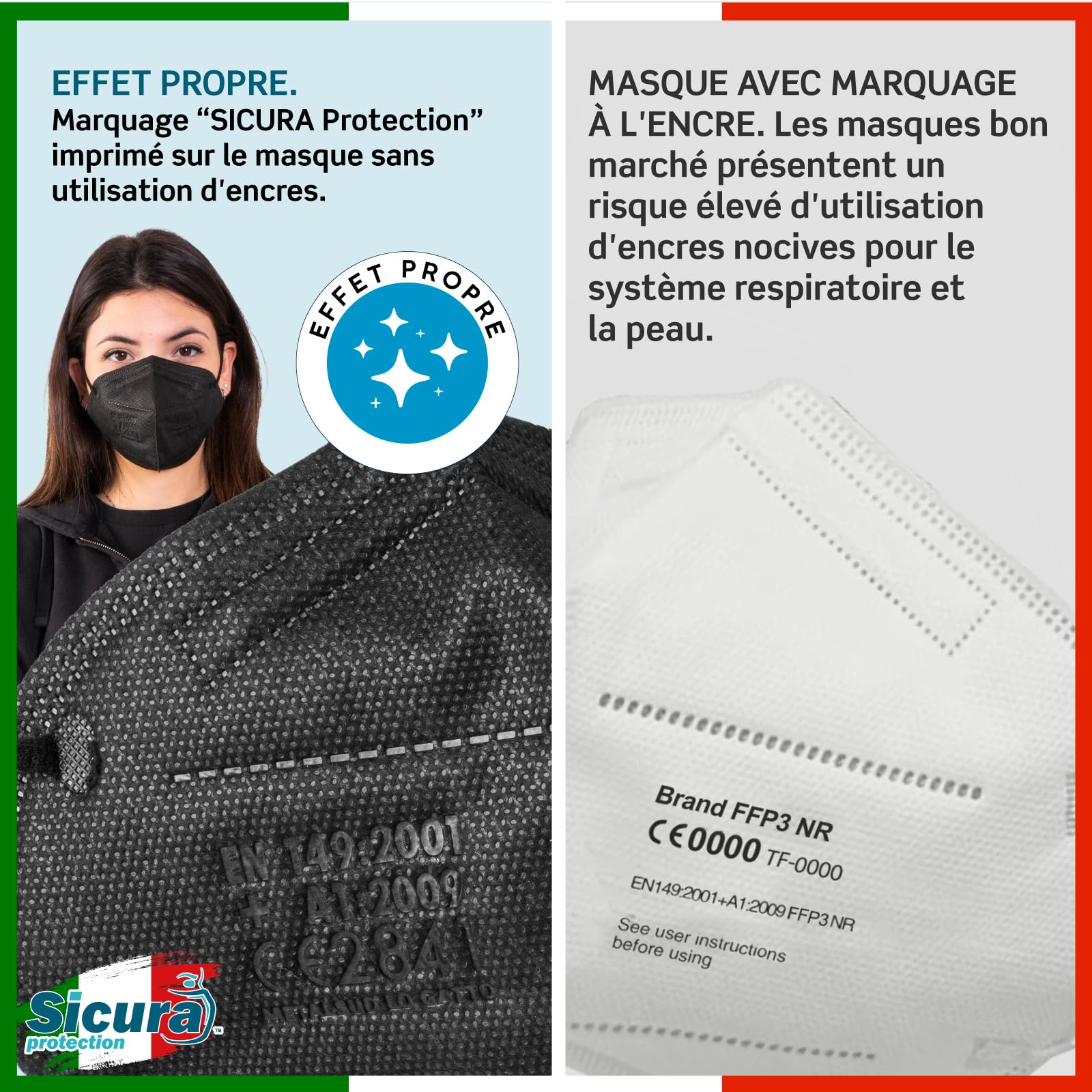 SICURA MASCHERINE CHIRURGICHE 10x Masque FFP3 Noir certifié CE fabriqué en Italie Haute Filtration Plus élevée BFE ≥99% PFE≥99% Masques 10 pièces Scellés Individuellement UV-C Désinfectez