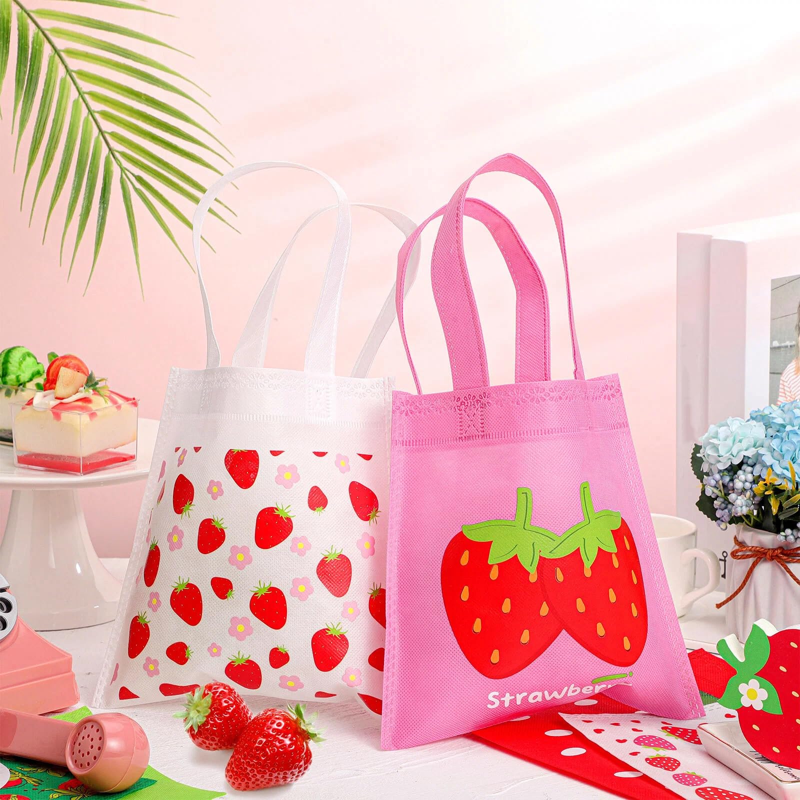 Kolldenn Erdbeer-Geschenktüten Set – 24 Stück, Rosa, Ca. 12x21 Cm, Für Geburtstagsfeiern, Babypartys & Sommerfeste