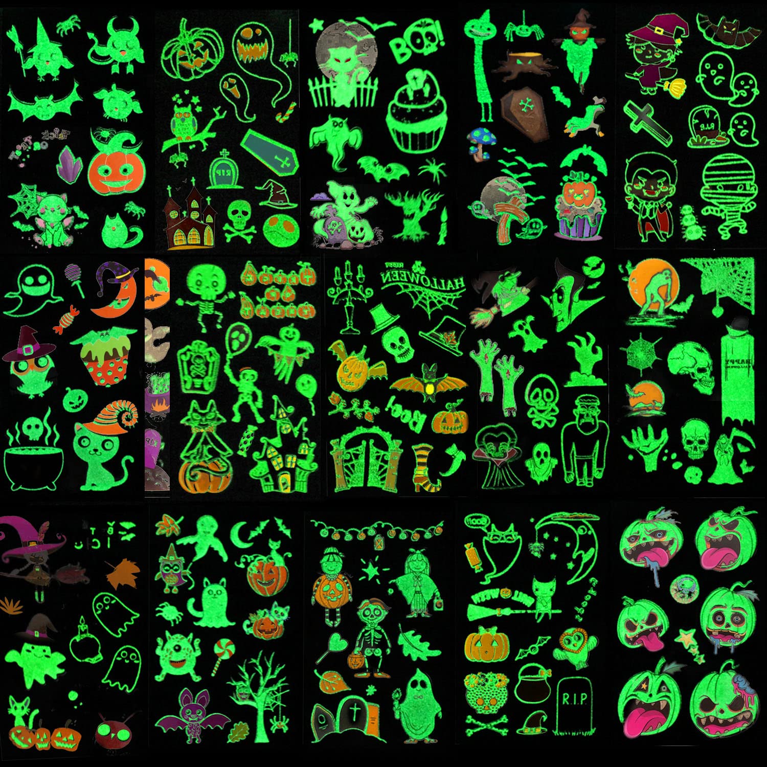 Tatouages Temporaires Halloween Enfant - 10 Feuilles - Effet Lumineux Dans Le Noir - Imperméables - Motifs Variés