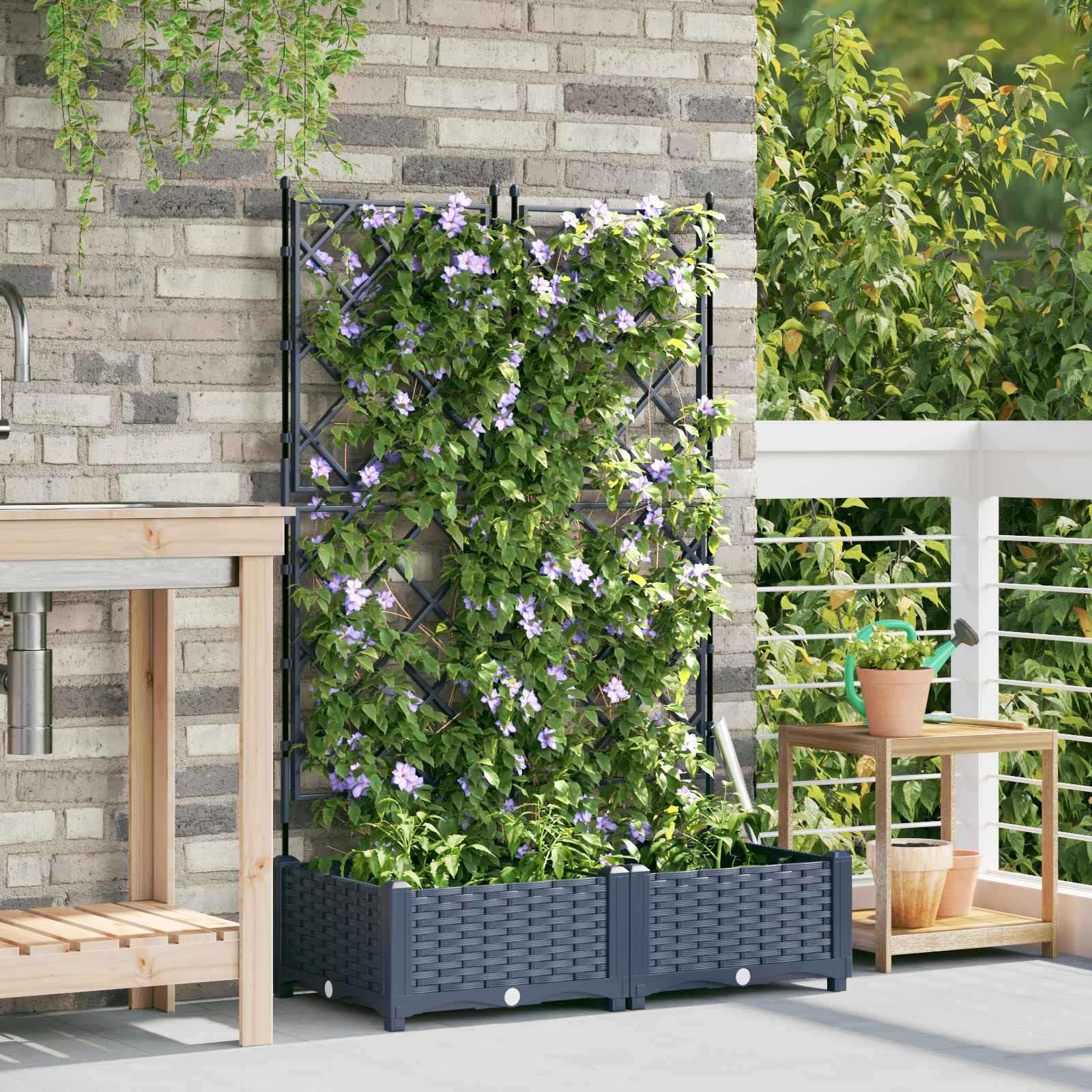 Jardinera de plástico gris 80 x 40 x 125,5 cm, 2 unidades con ayuda para enredaderas, resistente a la intemperie, para balcón, terraza, exterior, como maceta, jardinera