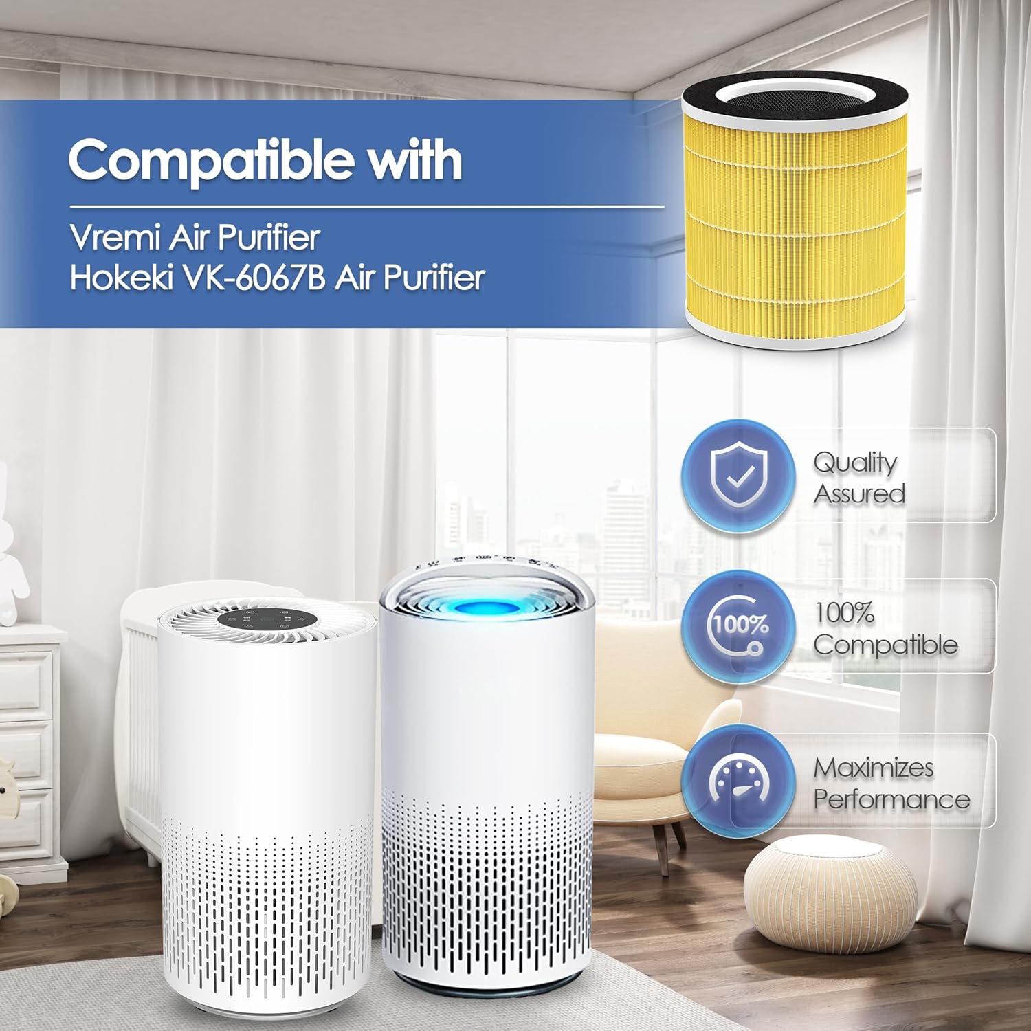 Two white air purifiers, one Vremi and one Hokeki VK-6067B, with an inset image of the yellow replacement filter, indicating compatibility.