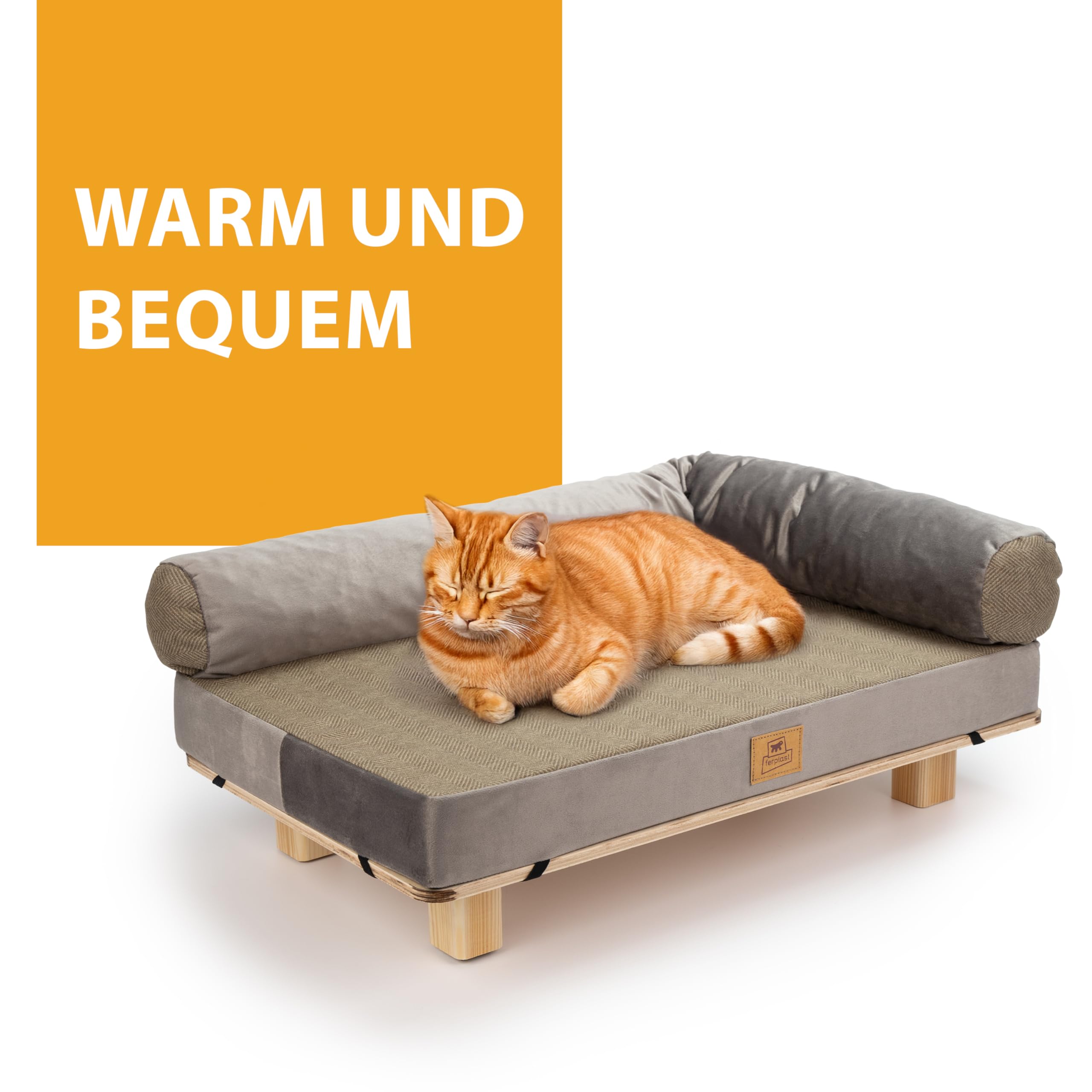 Ferplast Hundebett Katzenbett aus FSC®-zertifiziertem Holz mit weichem Kissen, Stil, Komfort und Haltbarkeit, 63 x 40 x 24 cm hoch.