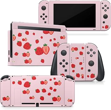 Tacky Design Strawberries Skin Compatible with Nintendo Switch Skin Wrap Cover, Kawaii Pink Strawberry Skin for Nintendo Switch Stickers, Premium Vinyl 3M Full Wrap Decal Switch 2017